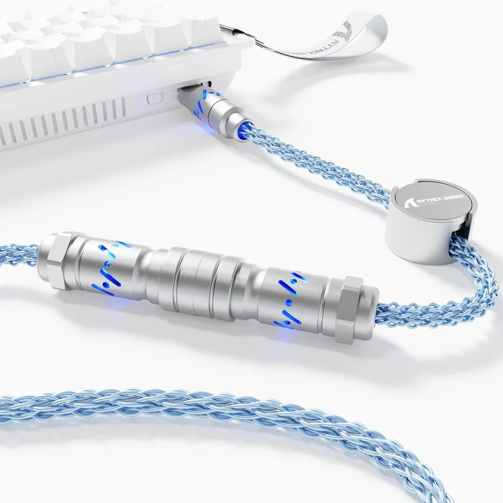ATTACK SHARK C07 Cable de aviador trenzado personalizado con RGB iluminado, conector de aviación de 5 pines, USB-A a tipo C, placa magnética CNC desmontable para cargar teléfonos, teclado magnético de