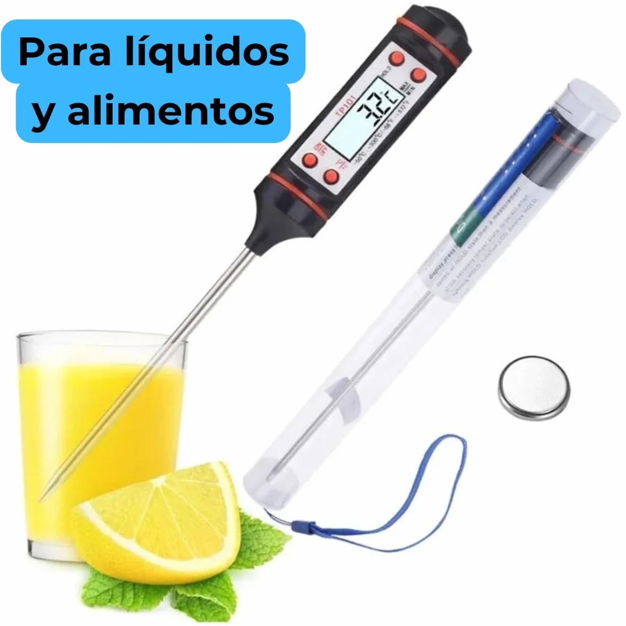 Termómetro Digital Cocina Alimentos Líquidos Aceite Carne Barbacoa Medición Rápida Alta Precisión Pantalla LCD Sonda Acero Inoxidable Apagado Automático Negro