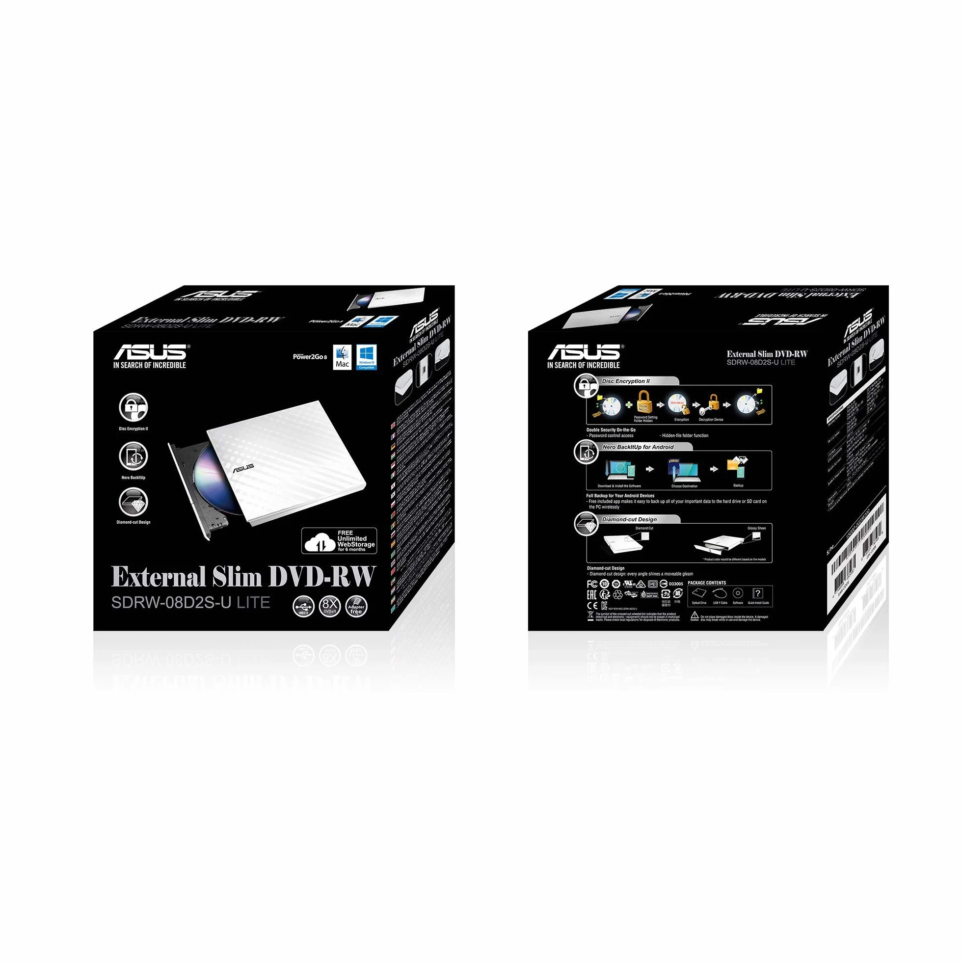 ASUS SDRW-08D2S-U LITE - Grabadora externa de DVD 8X, compatible con Mac y M-DISC, encriptación de disco, almacenamiento web ilimitado (12 meses), NERO Backitup, E-Green, E-Media