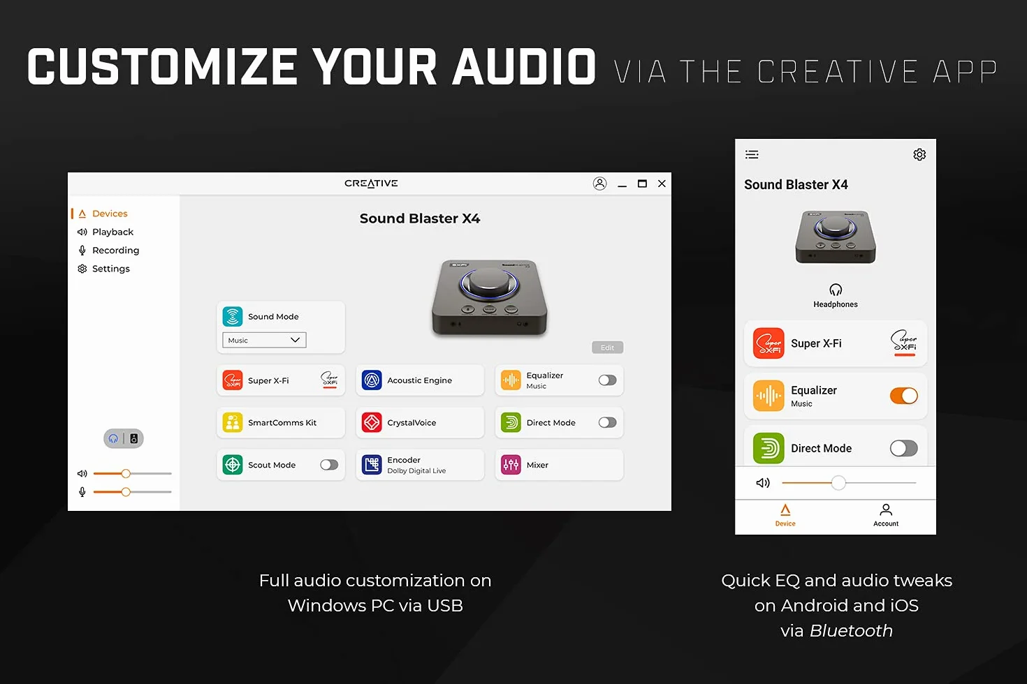Creative Sound Blaster X4 Hi-Res 24bit/192kHz DAC USB Externo y Tarjeta de Sonido Amp, Multicanal, Sonido Surround Discreto 7.1, Entrada de Cascos para PC, Mac