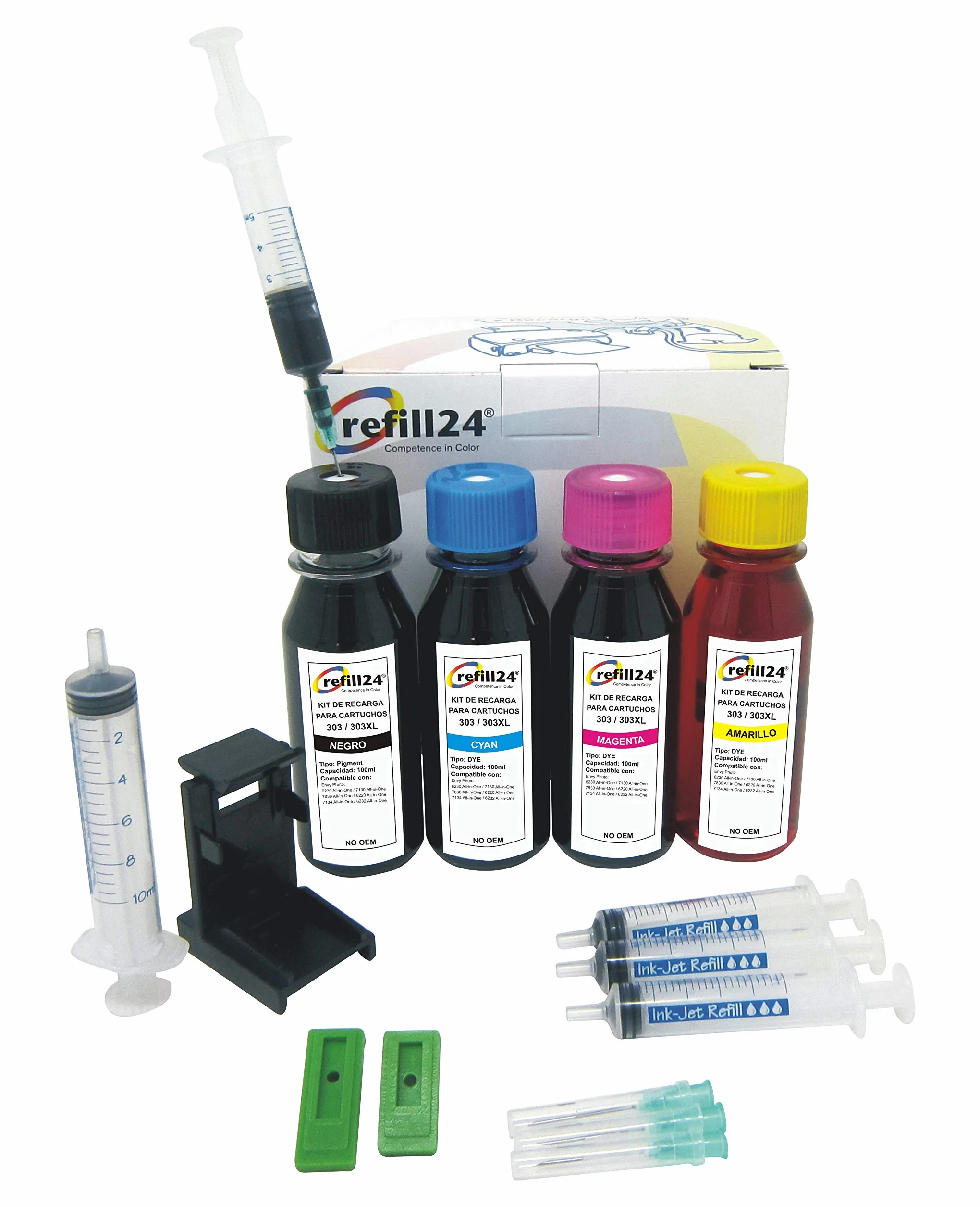 refill24 Kit de Recarga Compatible para Cartuchos de Tinta HP 303, 303 XL Negro y Color, Incluye Clip y Accesorios + 400 ML Tinta