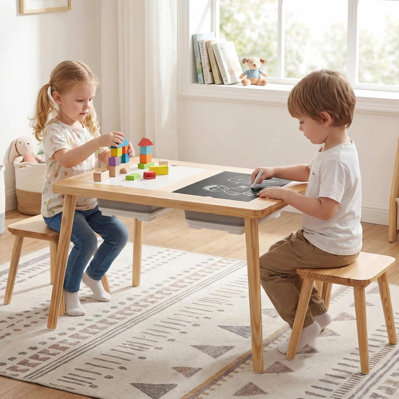 COSTWAY Mesa Sensorial Montessori con 2 Taburetes, Sillas Niños Superficies Doble Faz Desmontables, Cubetas Almacenamiento, Patas Madera Pino