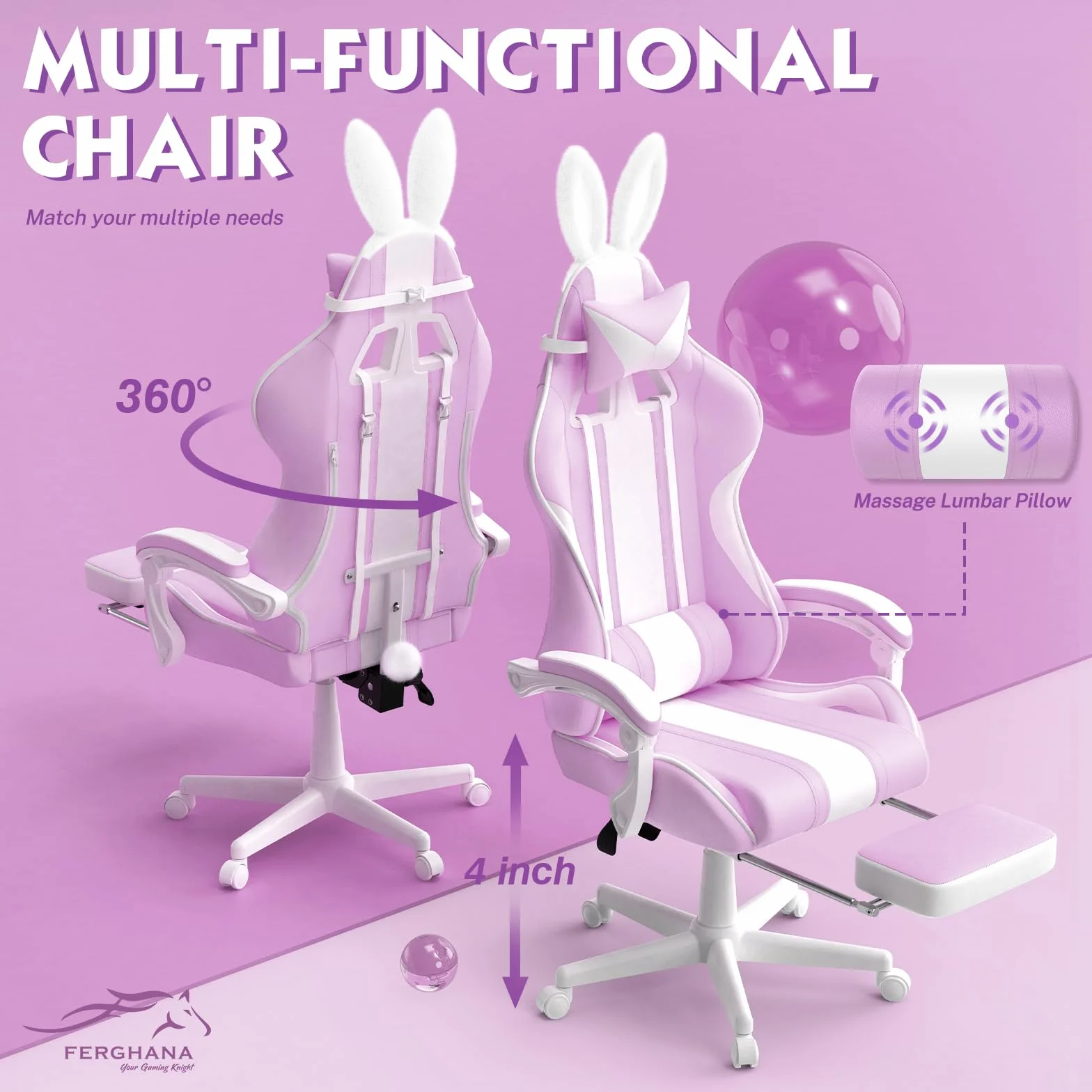 Silla Gaming Ergonomica con Masaje Racing y Reposapiés Kawaii Morado