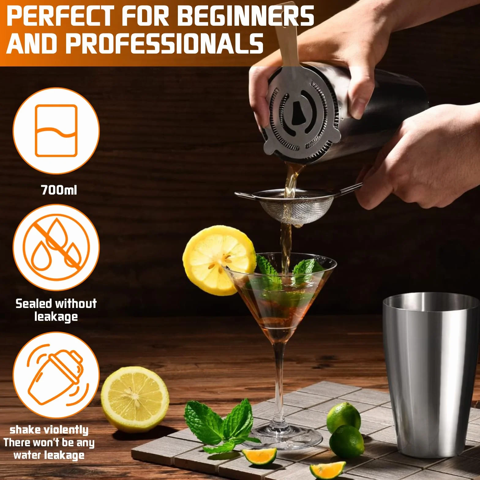 Set de Coctelera 18 Piezas de Acero Inoxidable Profesional con Soporte y Libro de Recetas