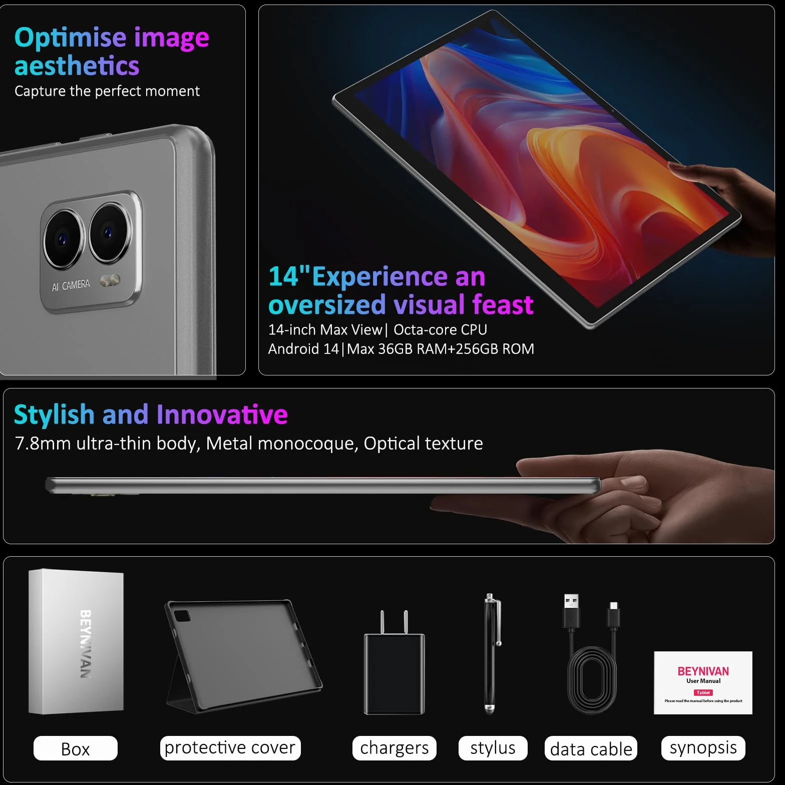 Tablet 14 Pulgadas Android 15 Tableta 5G WiFi,11580mAh y 20W,36GB RAM+256GB ROM/2000 * 1200 incell FHD/Face ID/GPS/BT 5.0/TÜV/USB-C,Tablet con Lapiz,Gris