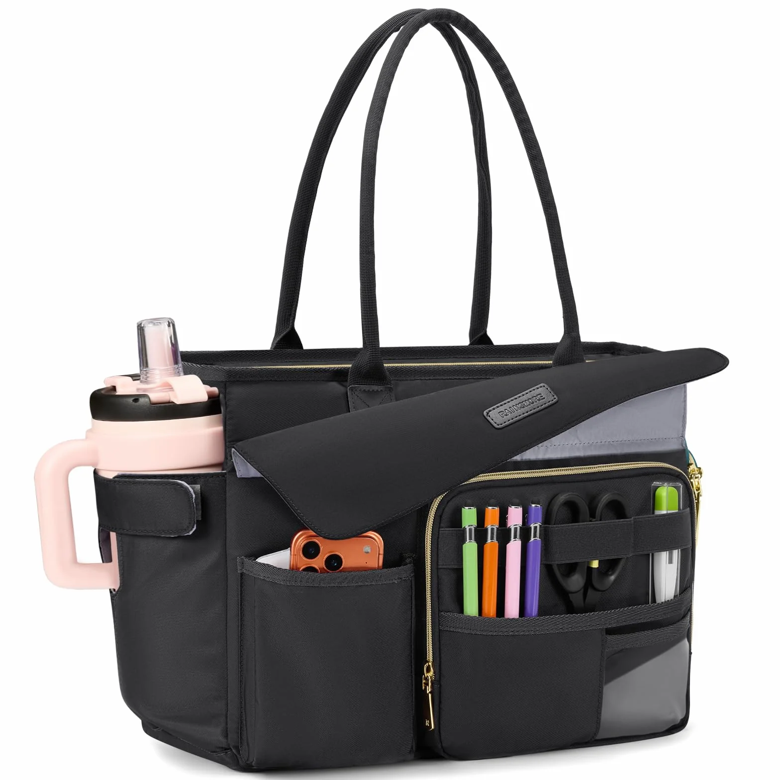 RAINSMORE Bolso de Trabajo para Mujer con Compartimento Térmico Bolso para Portátil de 17,3 Pulgadas Gran Capacidad Bolso para Profesora Impermeable para Oficina Escuela Universidad y Viajes Negro