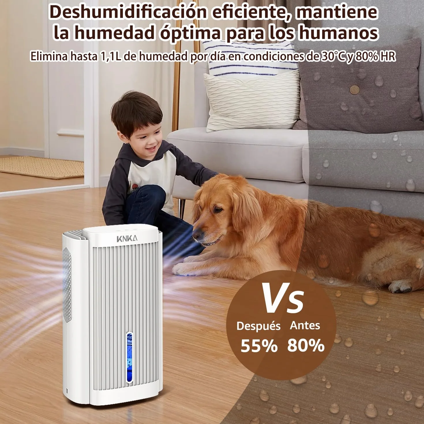 KNKA Deshumidificador eléctrico 1,1 L 28 dB con apagado automático y modo de suspensión