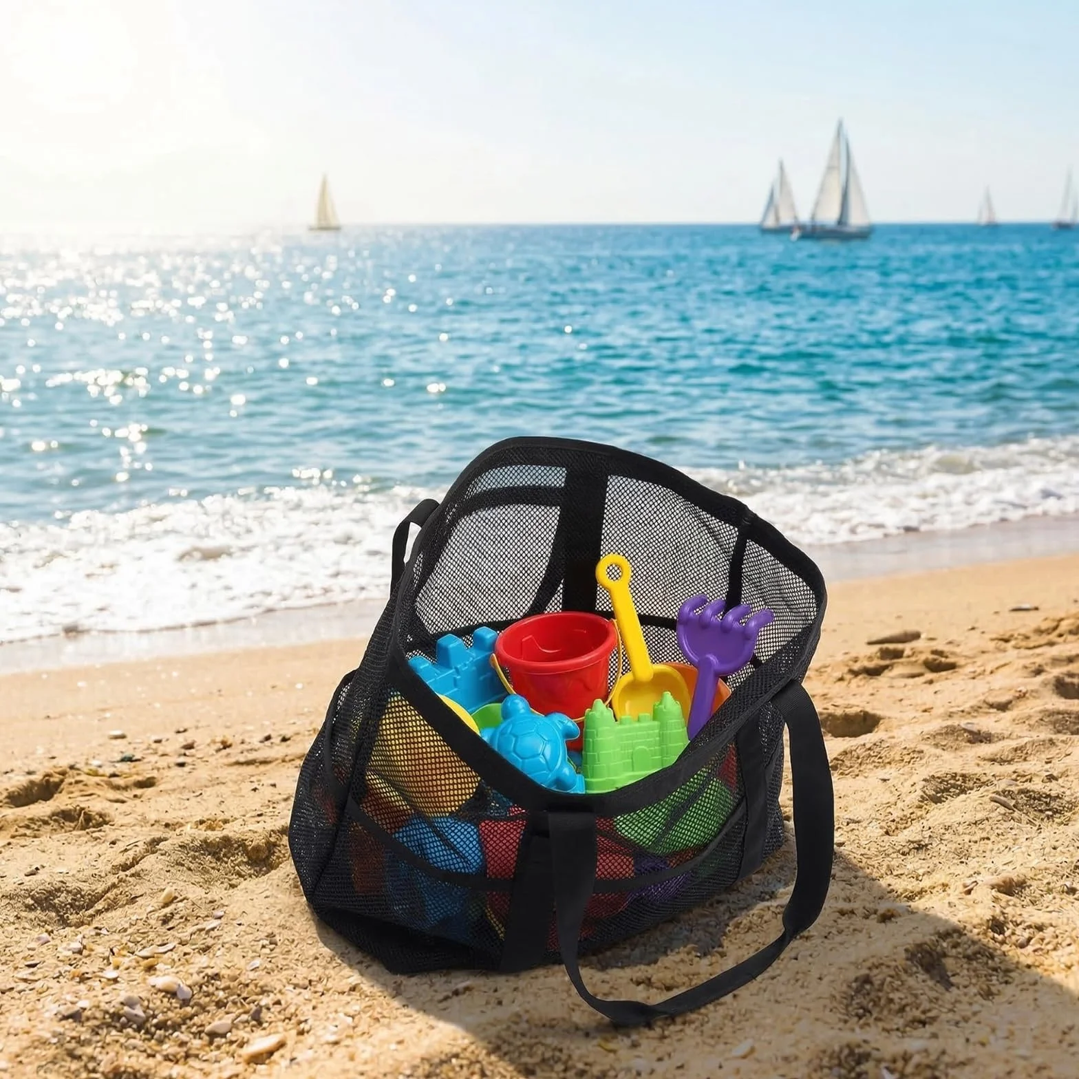 Bolsa de playa de malla grande reutilizable con cremallera, bolsa de cosméticos plegable (negro)