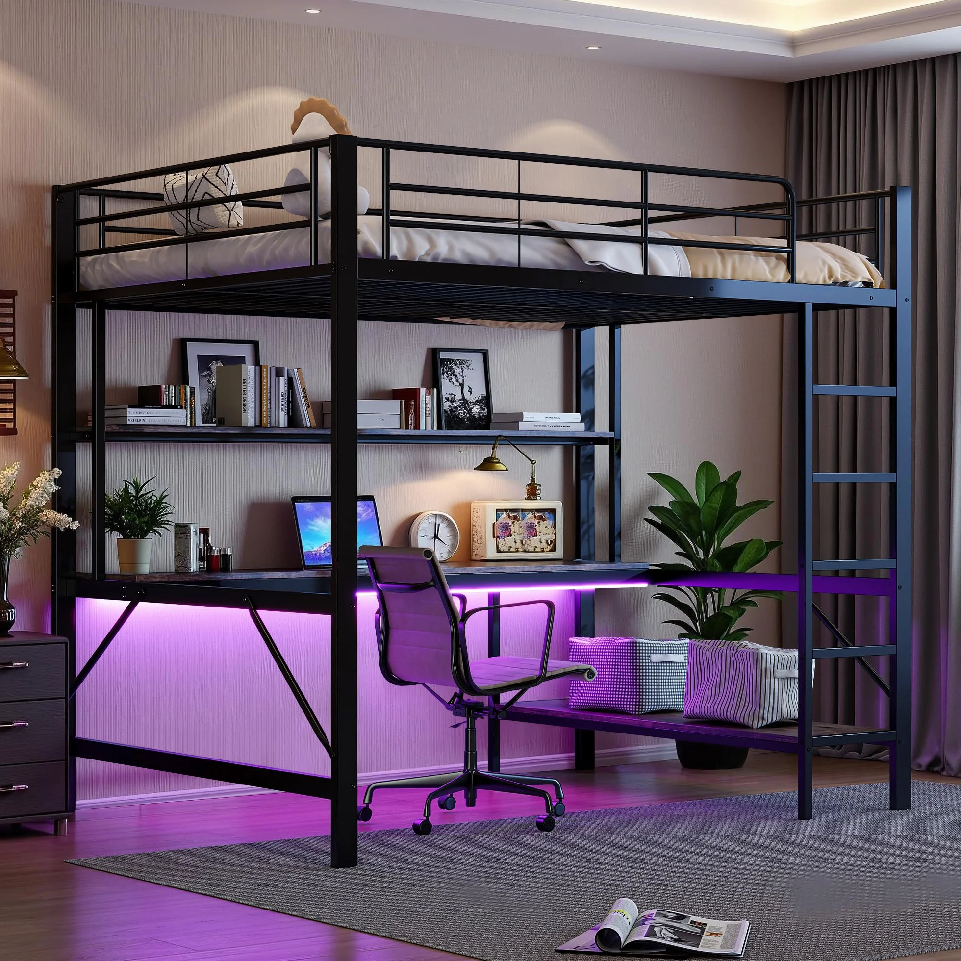 Seyakany cama Mezzanine Infantil 140 x 200 cm, cama Mezzanine de metal de 2 plazas con barreras y escalera, con tomas USB y eléctricas, con iluminación LED, escritorio, varias estanterías, sin colchón