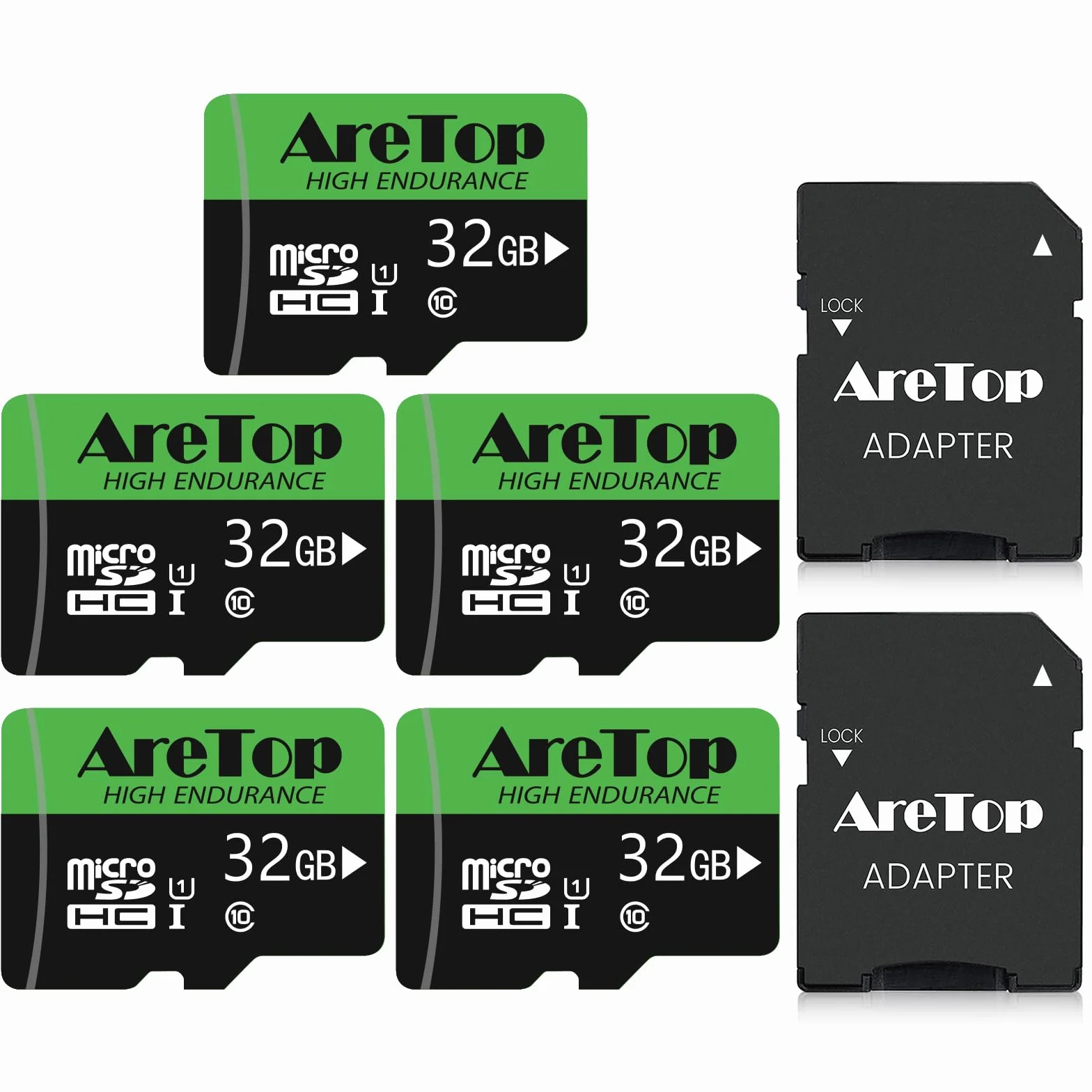 AreTop - Tarjeta Micro SD de 32 GB, juego de 5 tarjetas de memoria UHS-I, TF Micro SDHC Clase 10, U1, con adaptador para tableta, Drone, Dash Cam/Camera/Phone/Nintendo-Switch/PC,Lectura máxima de 90
