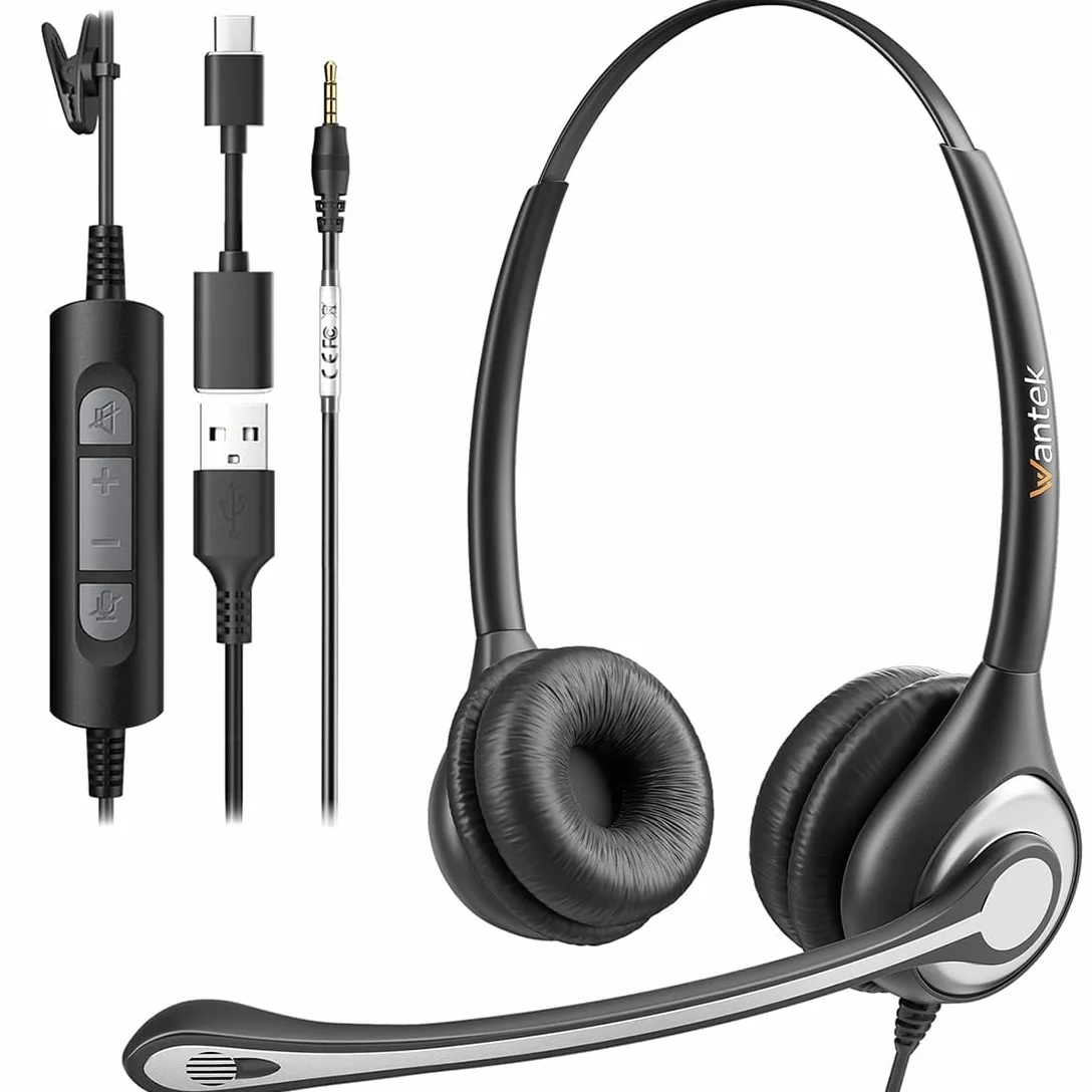 Wantek Auriculares estéreo, con Cable, USB-A, micrófono con cancelación de Ruido, Comodidad Durante Todo el día, USB-A: PC/Mac o teléfono móvil Mediante Equipos de conexión de 3,5 mm, Zoom y más