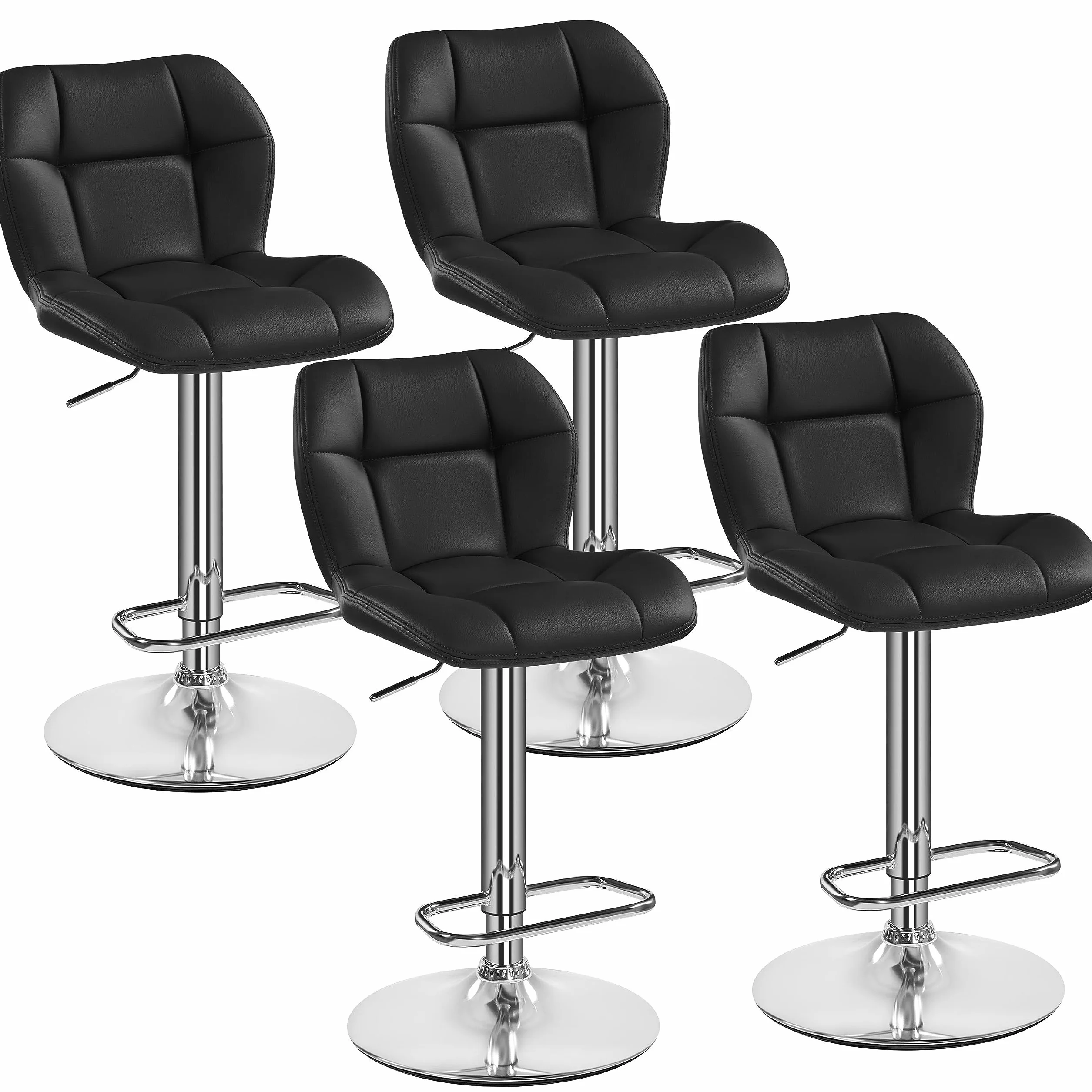Yaheetech Juego de 4 Taburetes de Bar Altos de Cocina de Polipiel, Altura Ajustable, Giratorio 360° con Respaldo y Reposapiés, Negro