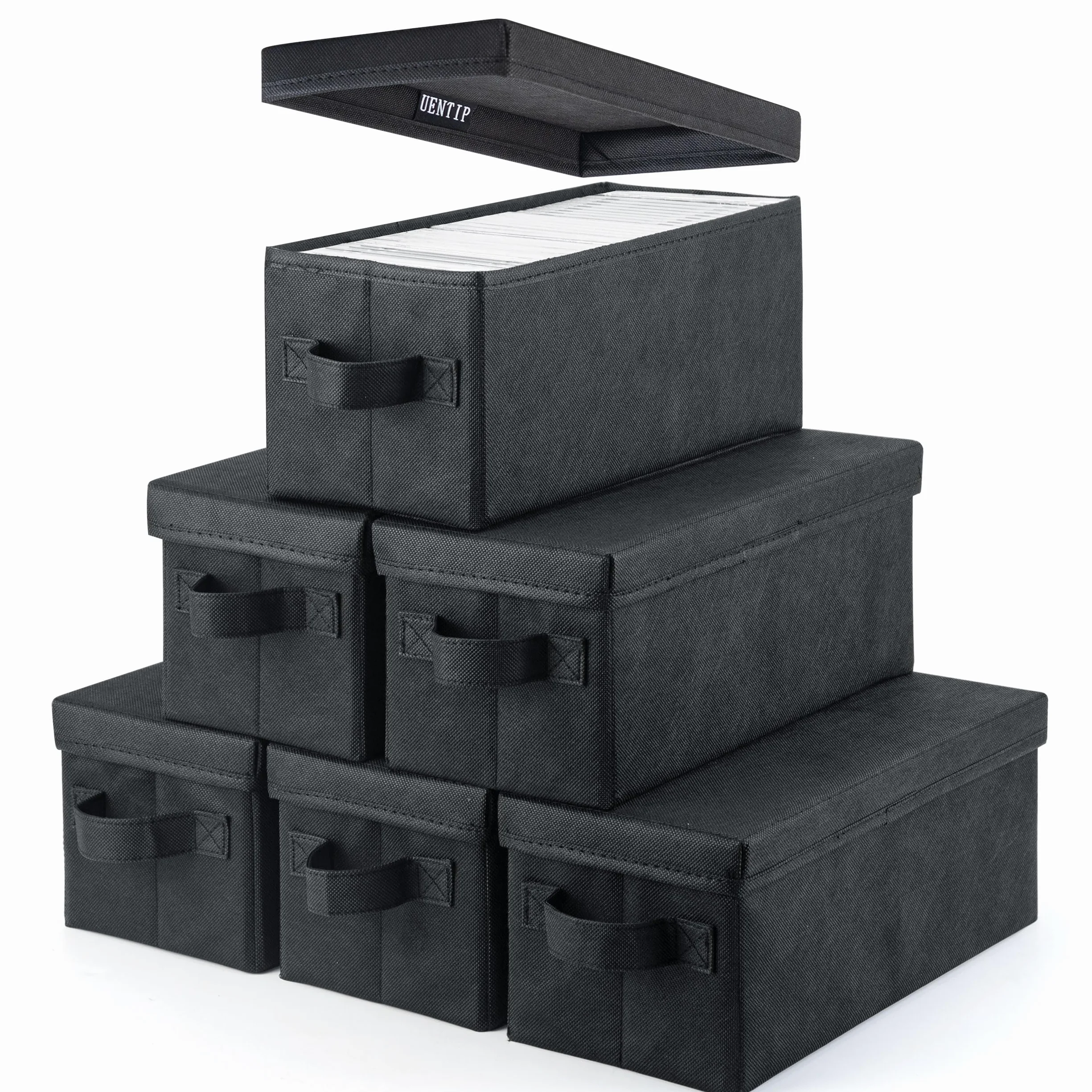 UENTIP Cajas de almacenamiento de CD, paquete de 6 cajas de almacenamiento para CD, 13.2 x 5.9 x 5.3 pulgadas, contenedor con capacidad para 30 CD en estuches completos de joyas, 60 CD en estuches