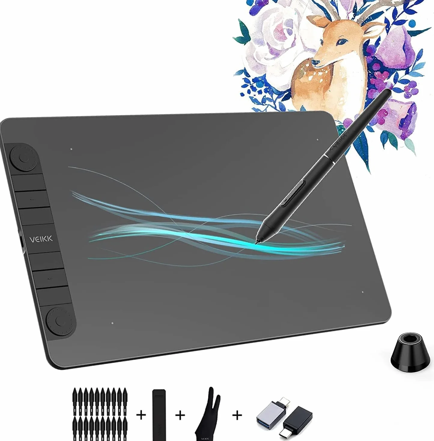 VEIKK VK1060 Pro Tableta Gráfica de Dibujo, 10 x 6 Pulgadas Tableta Dibujo con 2 Ruedas de Desplazamiento y 6 Teclas de Acceso Rápido, ​Compatible con Android, Mac,Chrome OS,Windows, Linux