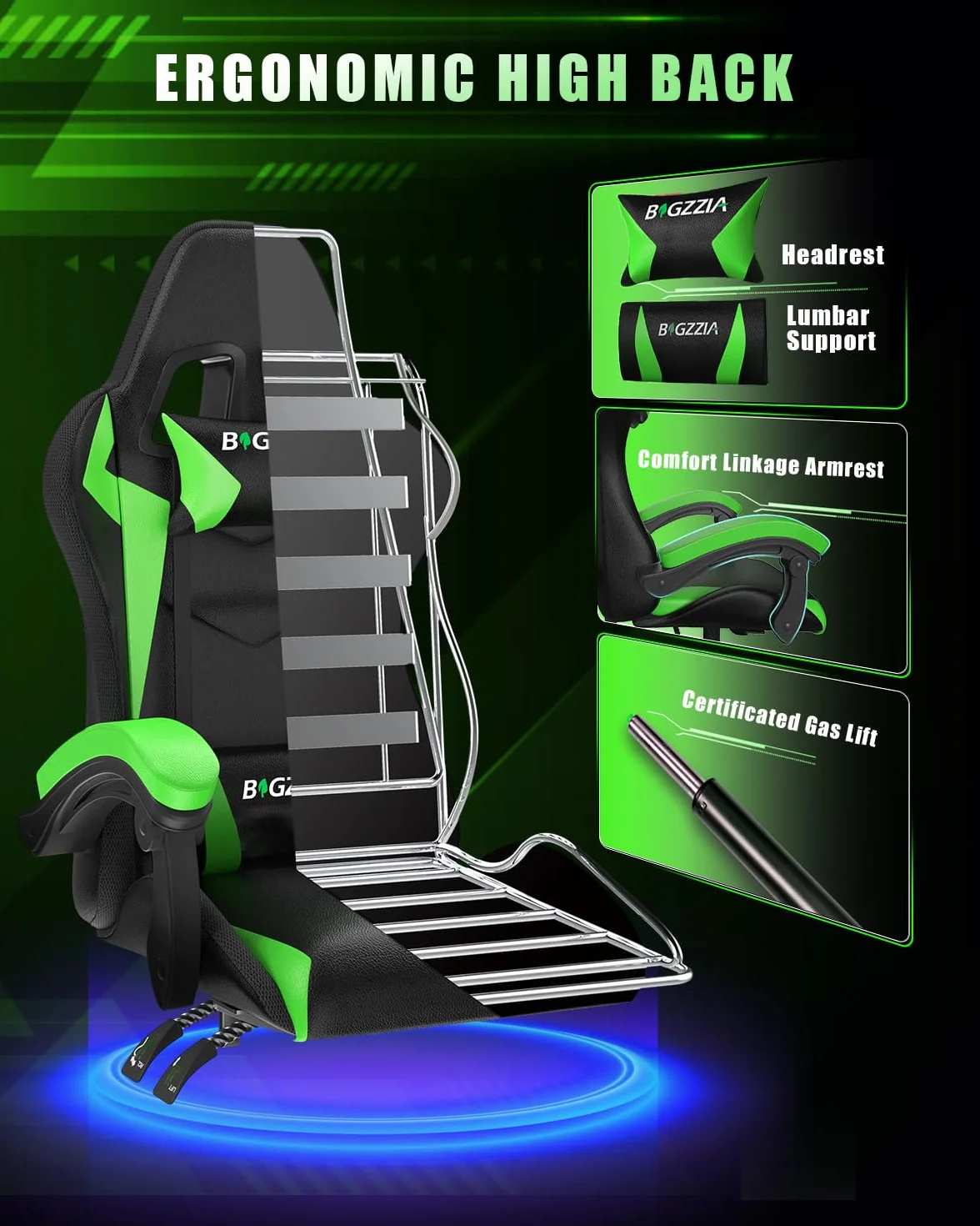 Silla Gaming con Luces LED, Ergonómica, Altura Regulable con Apoyo Lumbar y Reposacabezas, Respaldo Inclinable 155°, RGB Verde