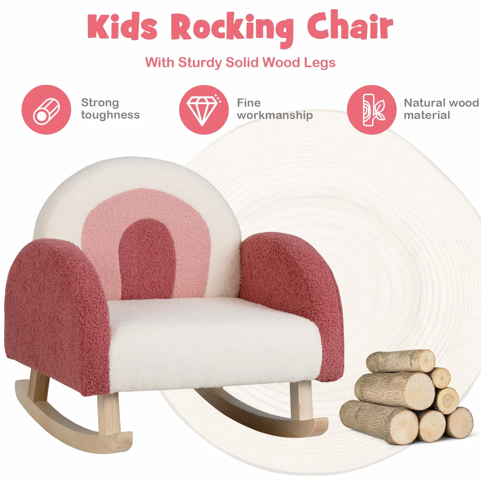 LIFEZEAL Sillón Infantil Mecedora para niños 3-5 años, Asiento Patas Madera Álamo, Antivuelco Rojo