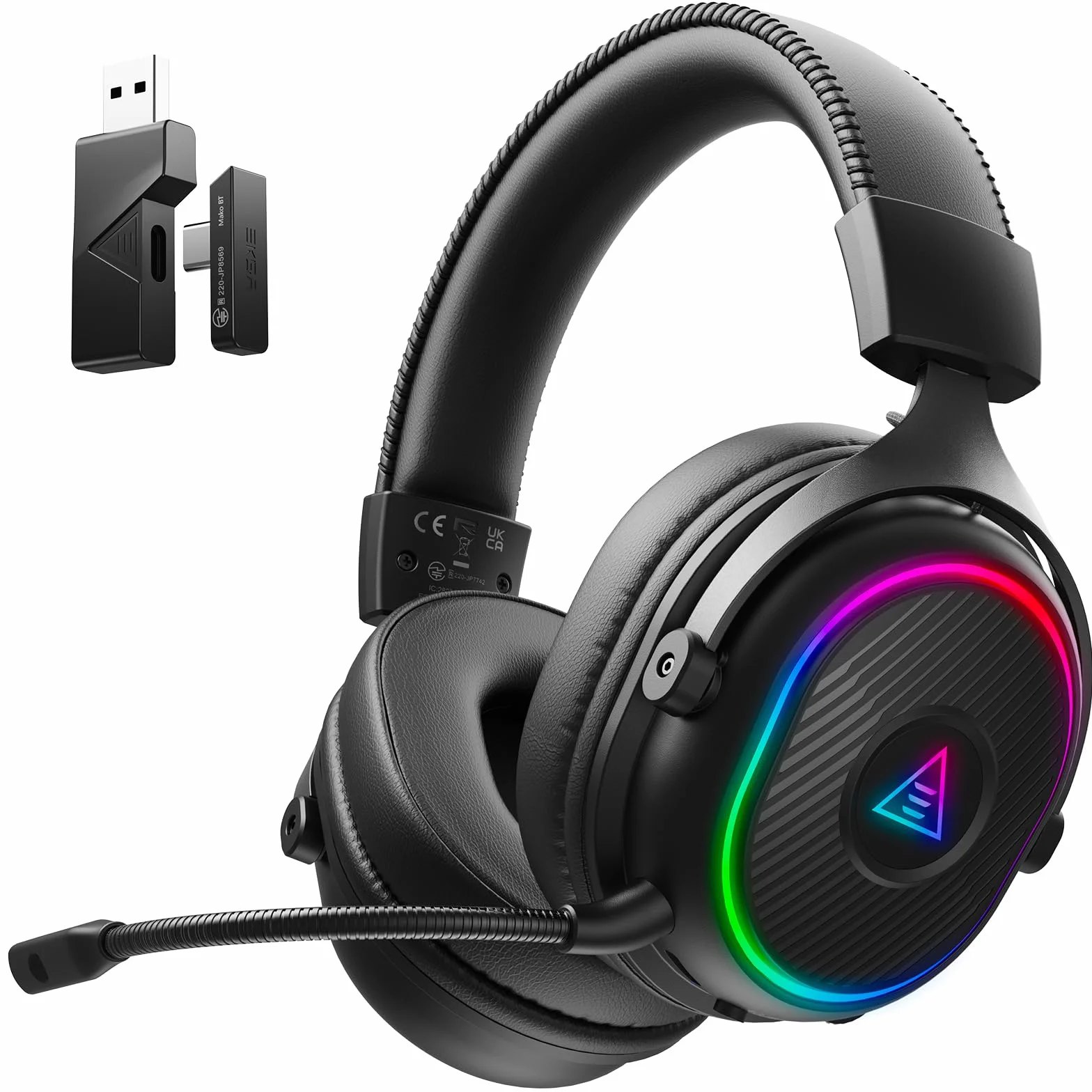 EKSA Cascos Gaming Inalámbricos para PC/Ps5/Ps4, Auriculares Gaming Inalámbricos con 2,4 GHz+BT 5,3 Modo Dual, Sonido Estéreo Cascos con Microfono, Cascos con Luz RGB, Duración 80Hr+