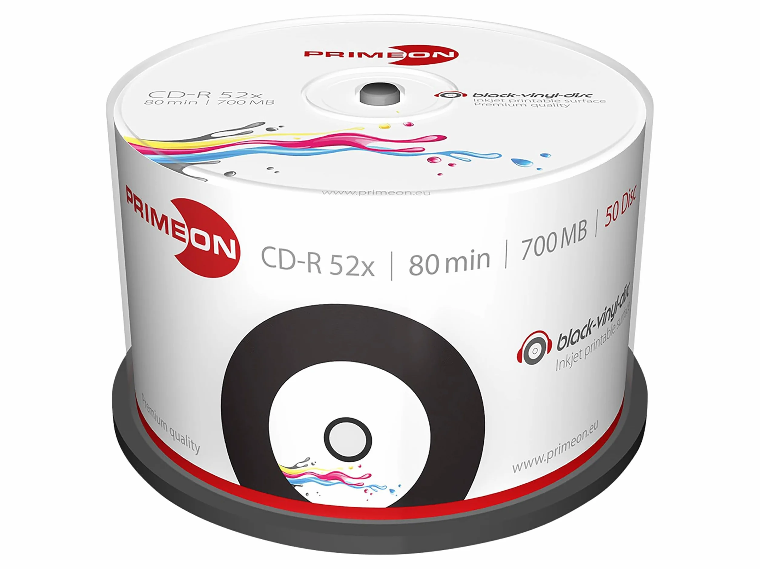 Primeon Cd-R 80Min / 700 Mb / 52X Cakebox (50 Discos) Superficie-Vinil-Disco Negro, Imprimible Por Chorro De Tinta
