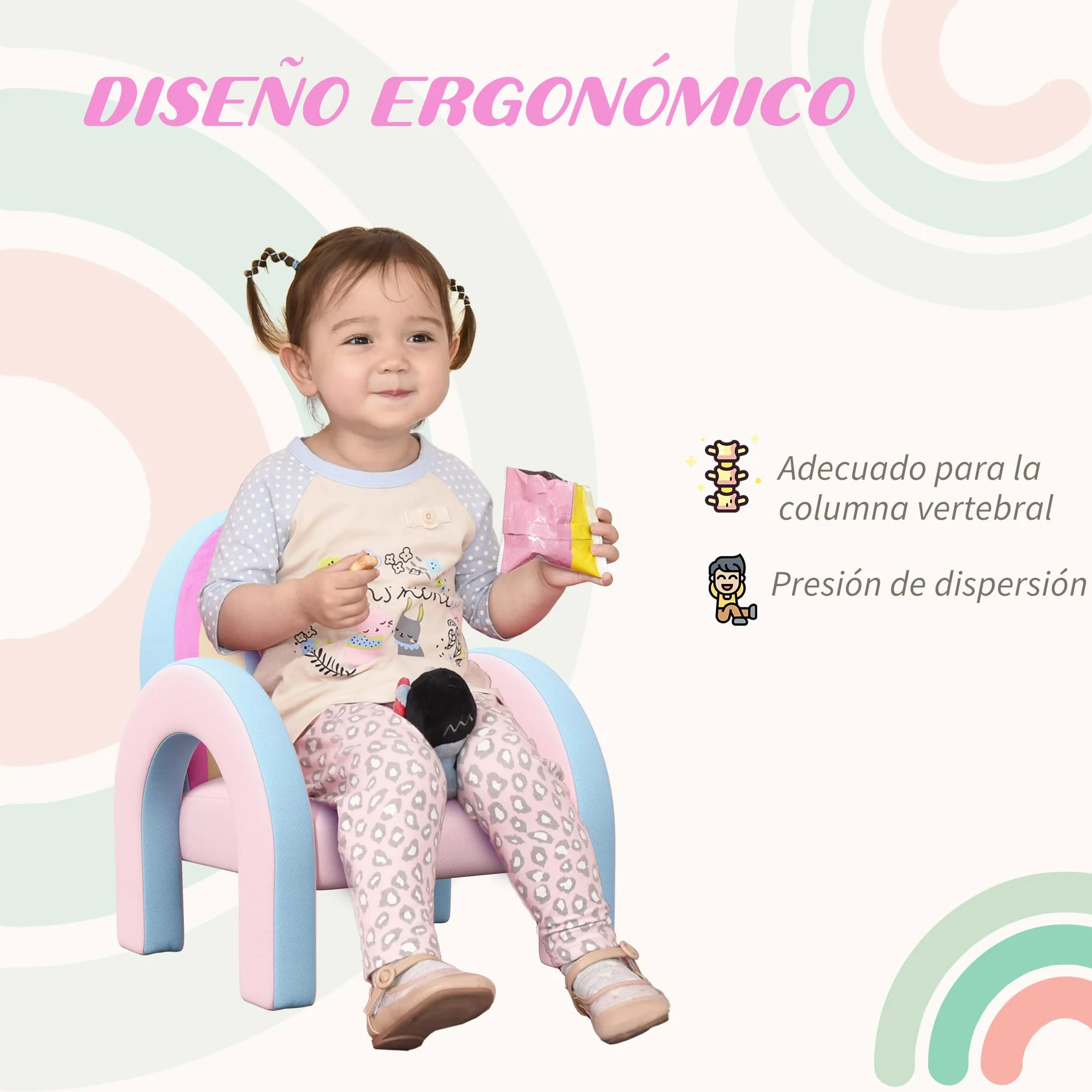ZONEKIZ Sillón Infantil Arco Iris Mini Sofá para Niños 1,5-3 Años 45 kg 43x41x51 cm Rosa