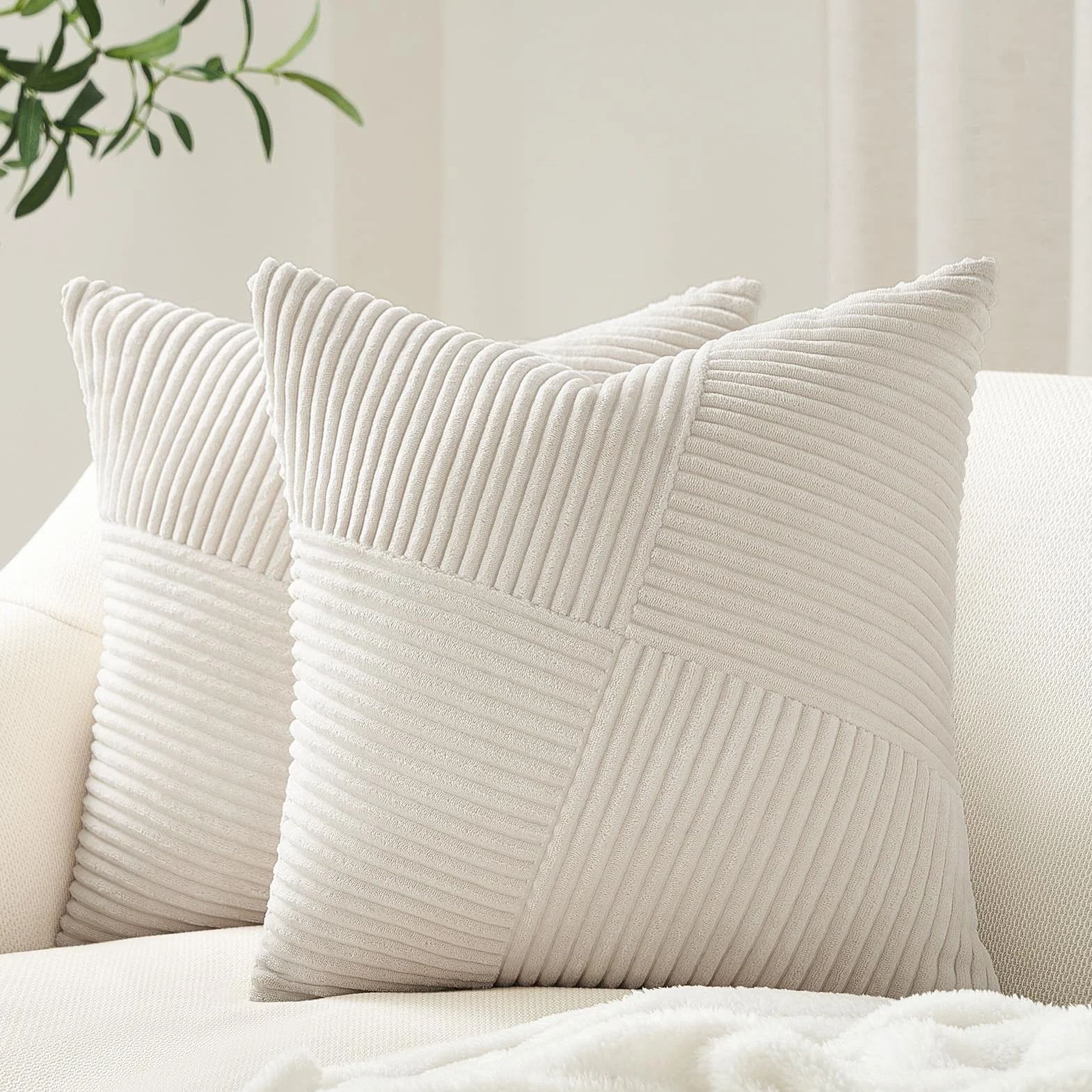 Topfinel Funda Cojines Pana 45x45 Blanco Crema Cremallera Oculta 2 Piezas