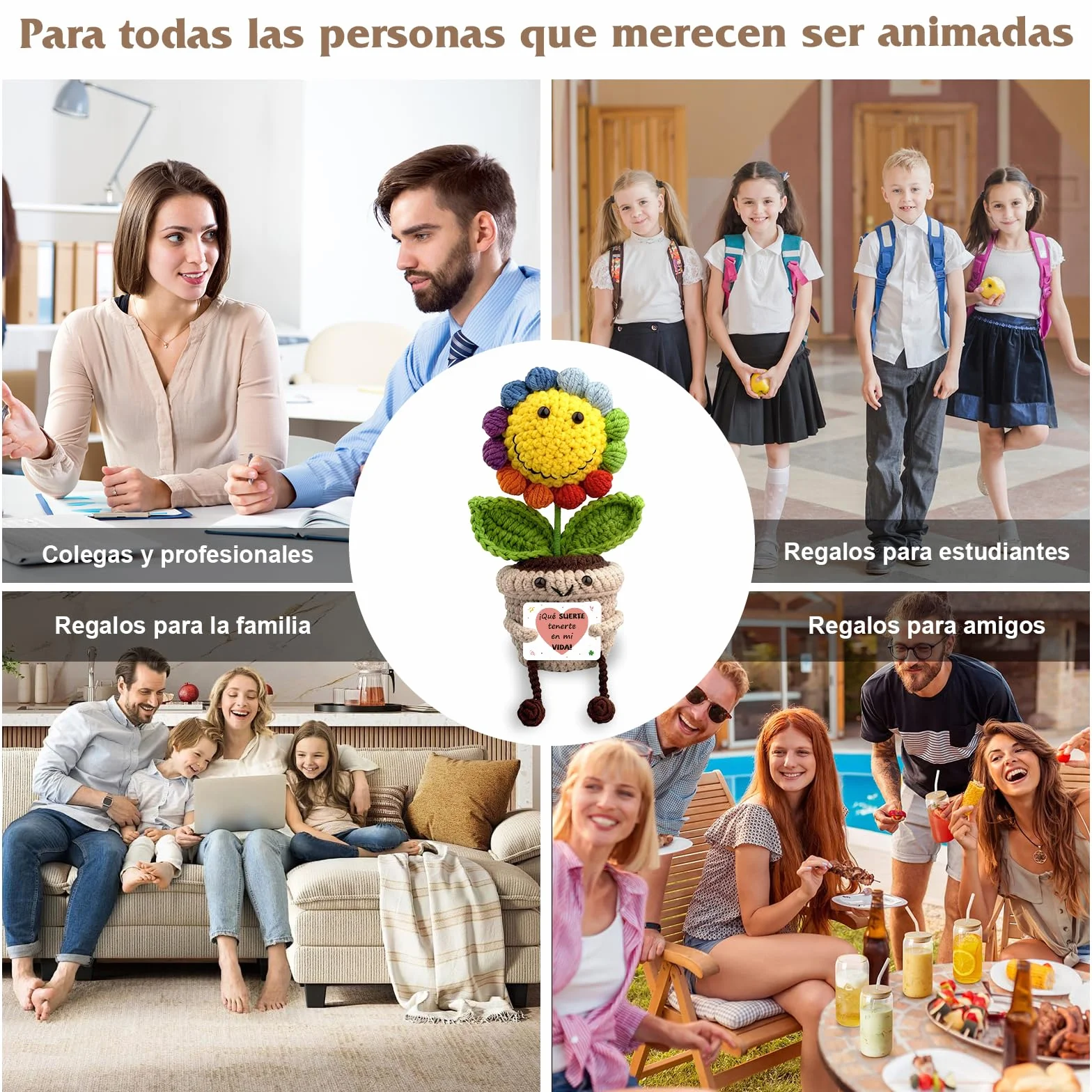 Girasol Crochet con Mensaje Positivo Regalo Original para Mujer Flores Amuletos Suerte Peluche Motivacional