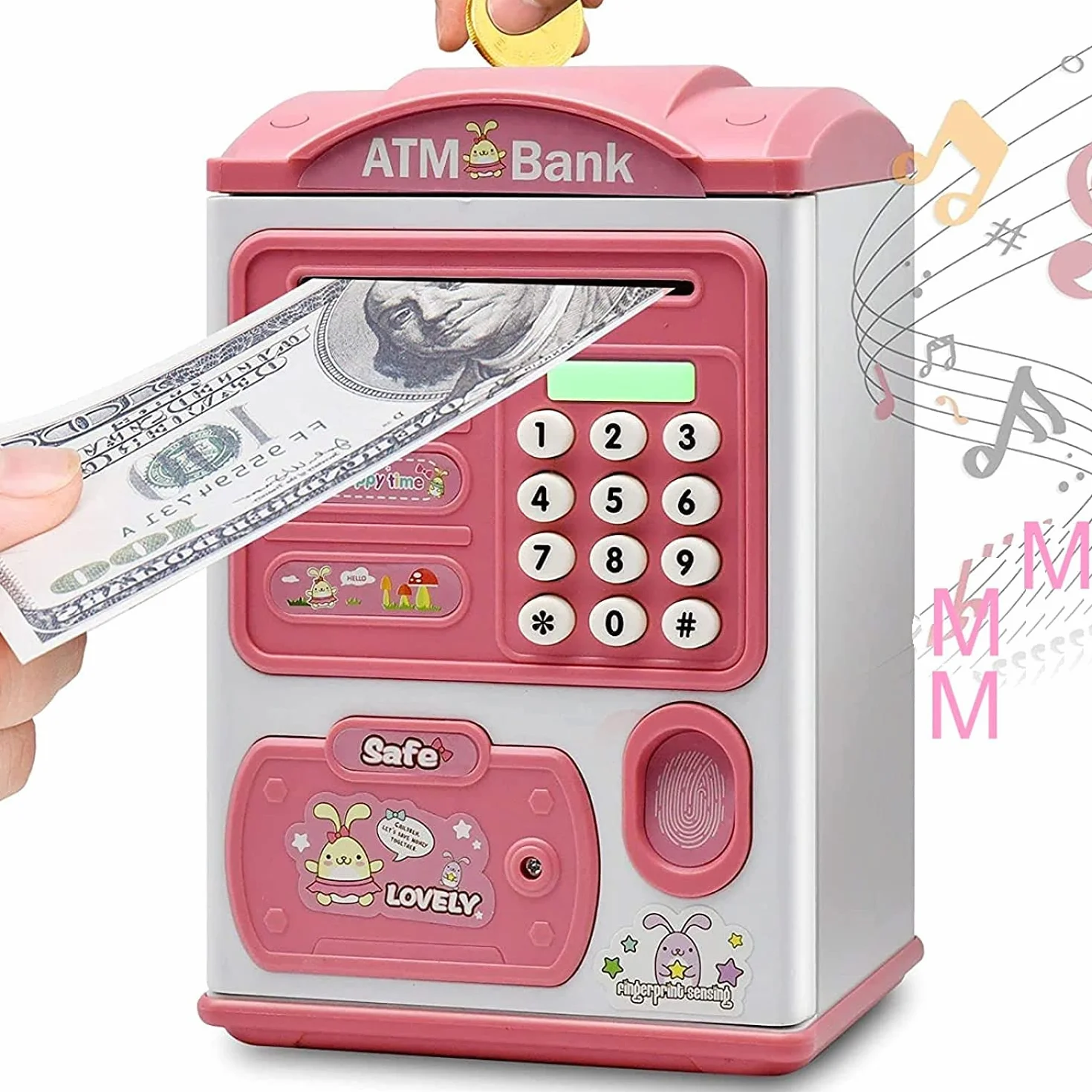 Alcancía Electrónica Infantil con Huellas Dactilares y Bloqueo de Contraseña, Mini Caja Fuerte para Niños, Juguete de Regalo (Rosa)