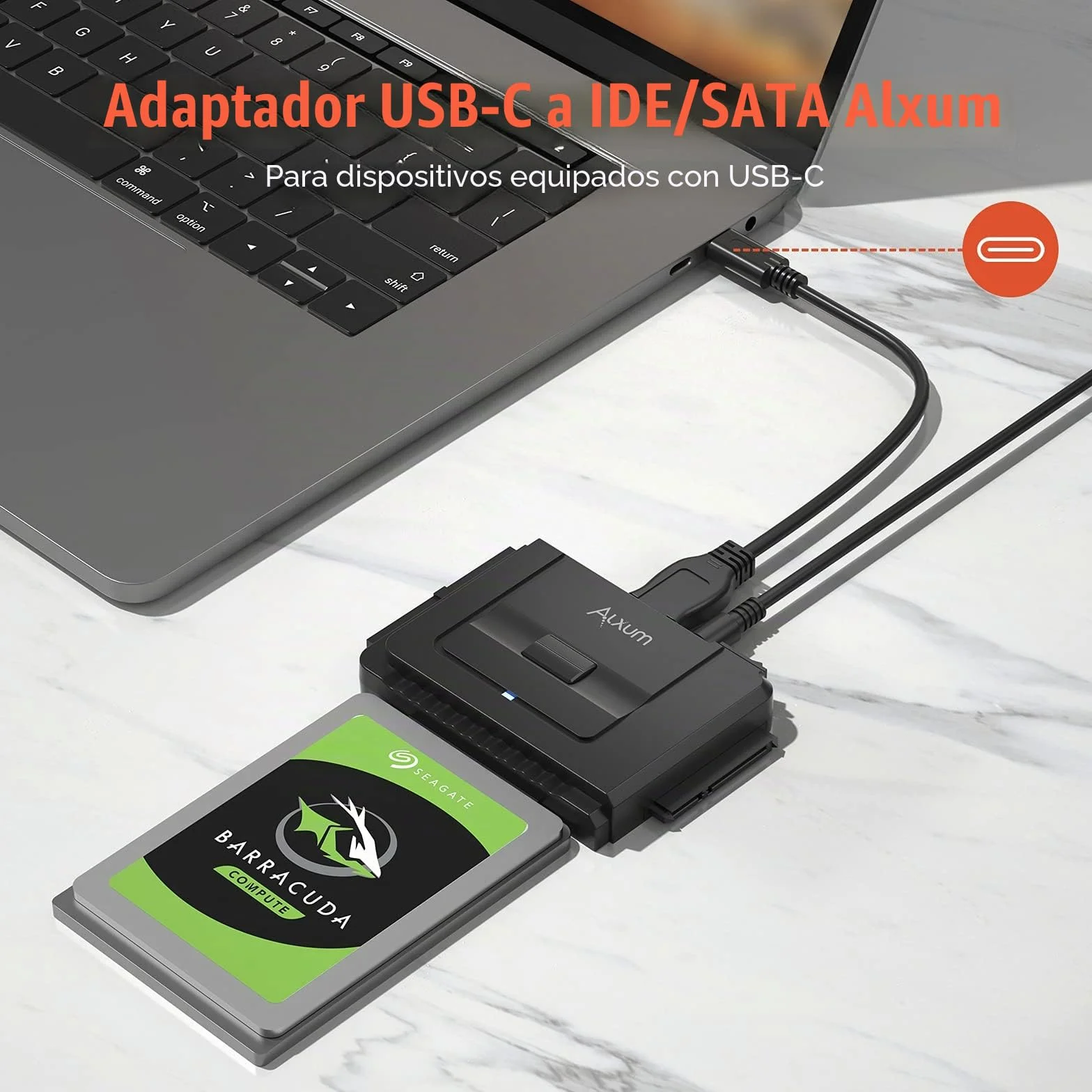 Alxum Adaptador de Disco Duro IDE SATA a USB C, Lector de Disco Duro IDE a USB para HDD de 2,5 / 3,5 Pulgadas y HDD / SSD SATA, con Fuente de alimentación de 12 V / 2 A y Cable USB-C