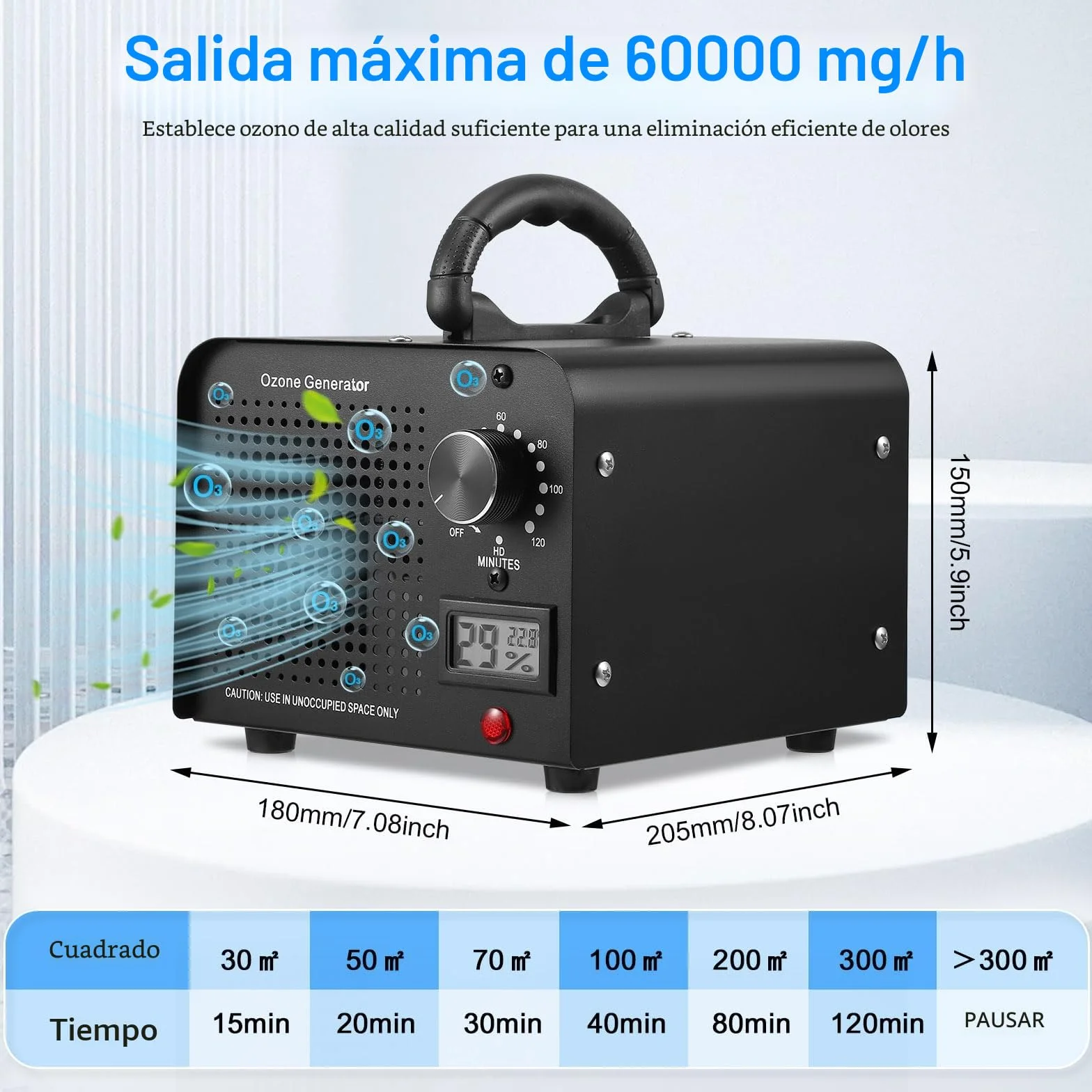 Generador de Ozono Profesional 60000 MG/h Purificador de Aire Industrial 300㎡ Máquina de Ozono con Temporizador