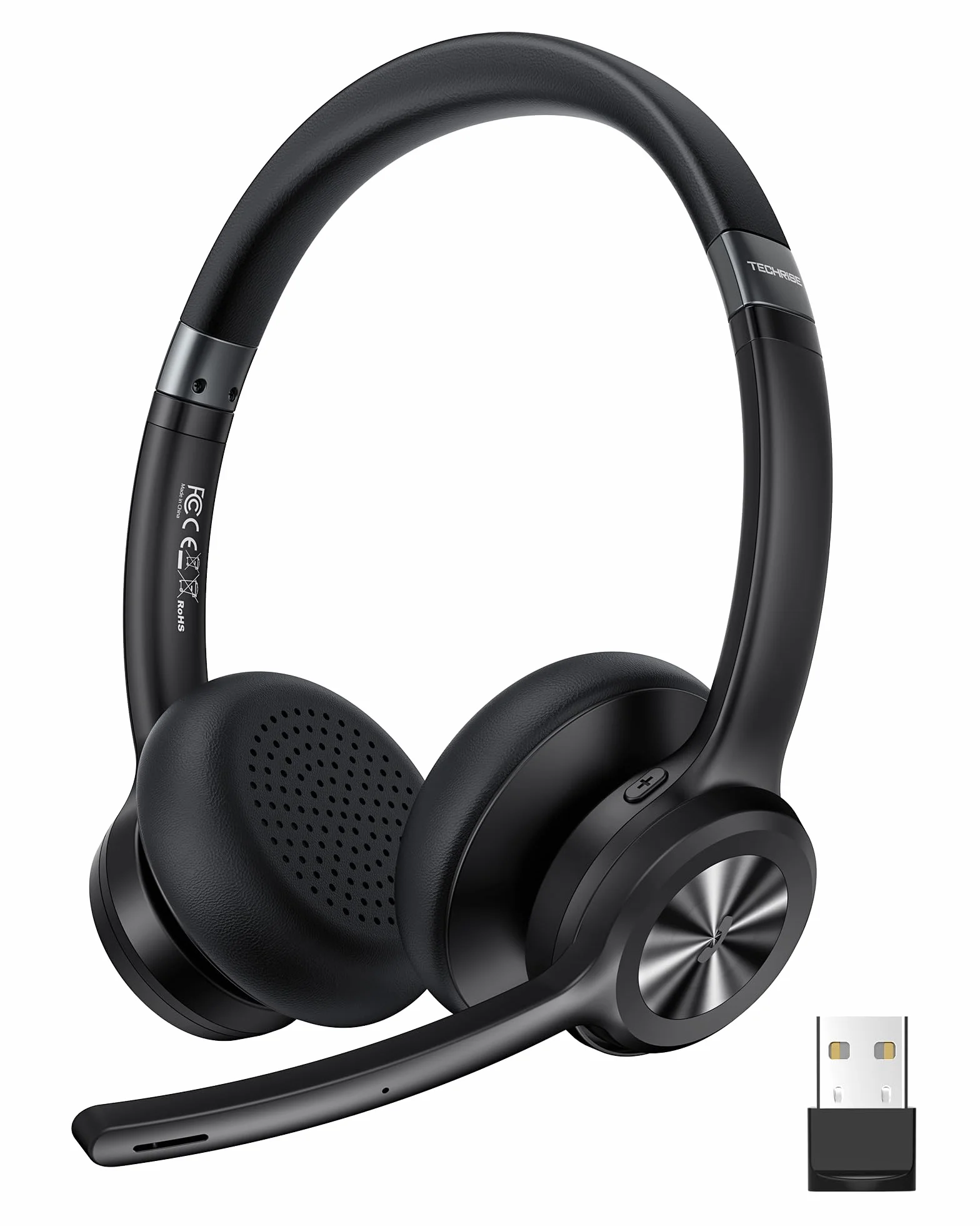 TechRise V5.2 Auriculares Inalámbricos Bluetooth Diadema con Micrófono USB Dongle, Cascos Cancelación de Ruido con Tecla de Silencio – 50 Horas de autonomía on Ear para callcenter y Oficina – Negro