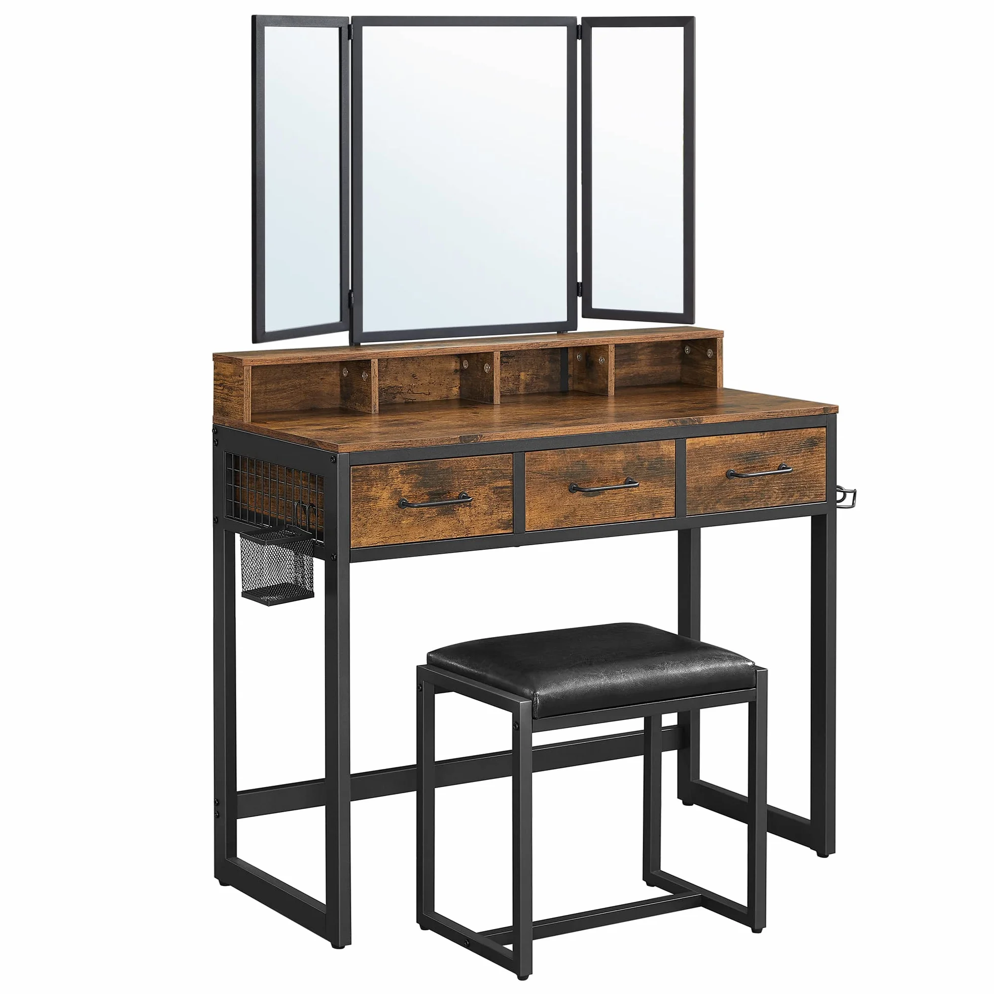 VASAGLE RVT004B01 - Conjunto de Armario Inferior con Taburete tapizado, 3 cajones, Soporte para secador de Pelo, tocador, Estilo Industrial, rústico, marrón y Negro