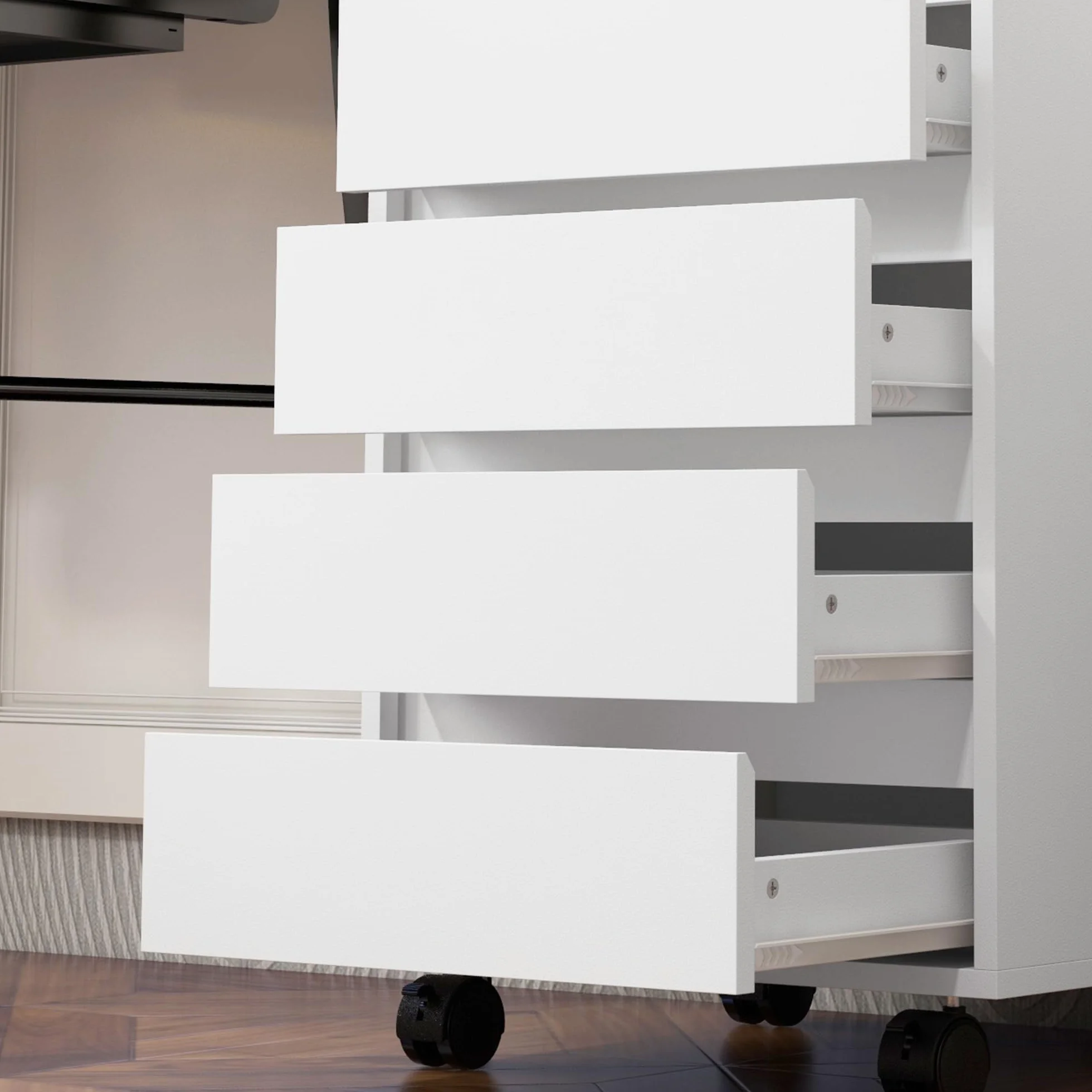 HOMCOM Cajonera de Oficina 4 Cajones con Ruedas Archivador Móvil 46x40x65 cm Blanco