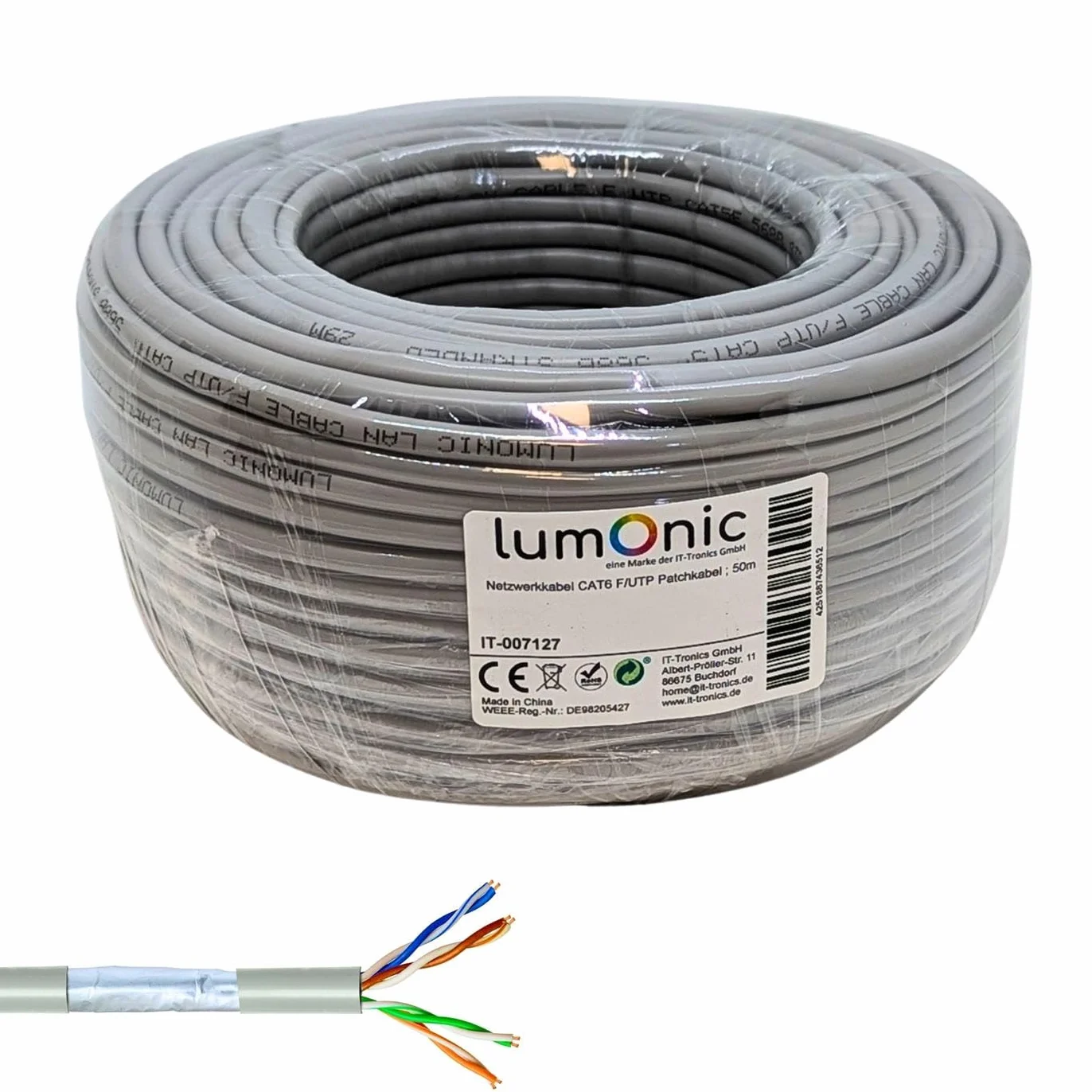 Lumonic 50m Cable de red CAT 6 F/UTP I Cat6-cable, Gigabit Lan Cable, Ethernet Cable I Cable de conexión flexible apantallado, para uso en interiores hasta 250 MHz