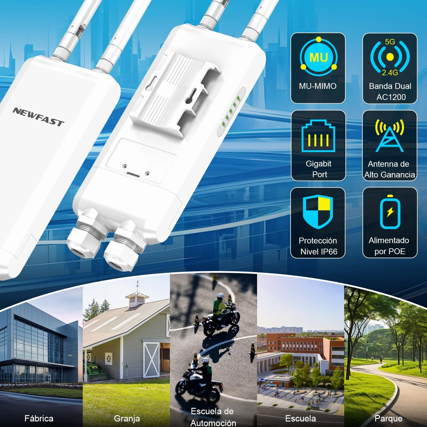 NEWFAST 1200Mbps Repetidor WiFi Potente Exterior Largo Alcance Doble Banda 2.4GHz/5GHz con 48V PoE Power, 3*Puerto Gigabit Ethernet, 2 * 5dBi Antena, Amplificador de Señal WiFi Exterior IP66