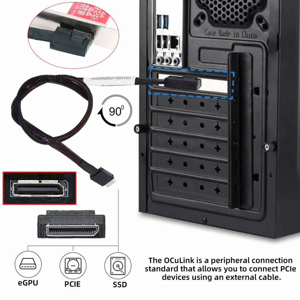 Cable activo de datos OcuLink PCIe 4.0 PCI-Express SFF-8611 4i a SFF-8611 en ángulo izquierdo de 90 grados para eGPU SSD de 50 cm