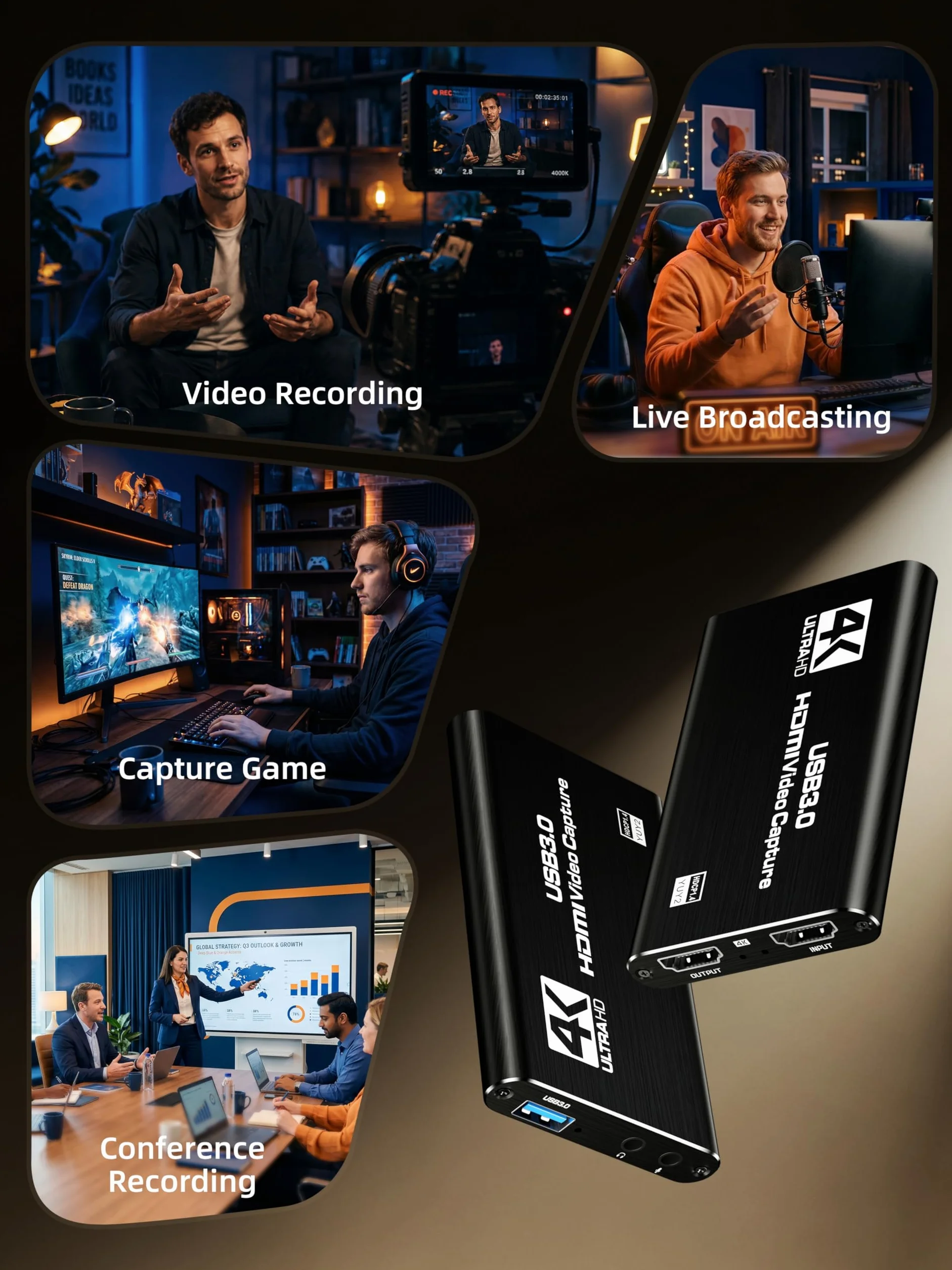 Tarjeta de captura HDMI, USB 3.0 1080P 60FPS tarjeta de captura de video con bucle HDMI y entrada de micrófono, captura de juego de baja latencia para transmisión, compatible con PS5/PS4/Xbox