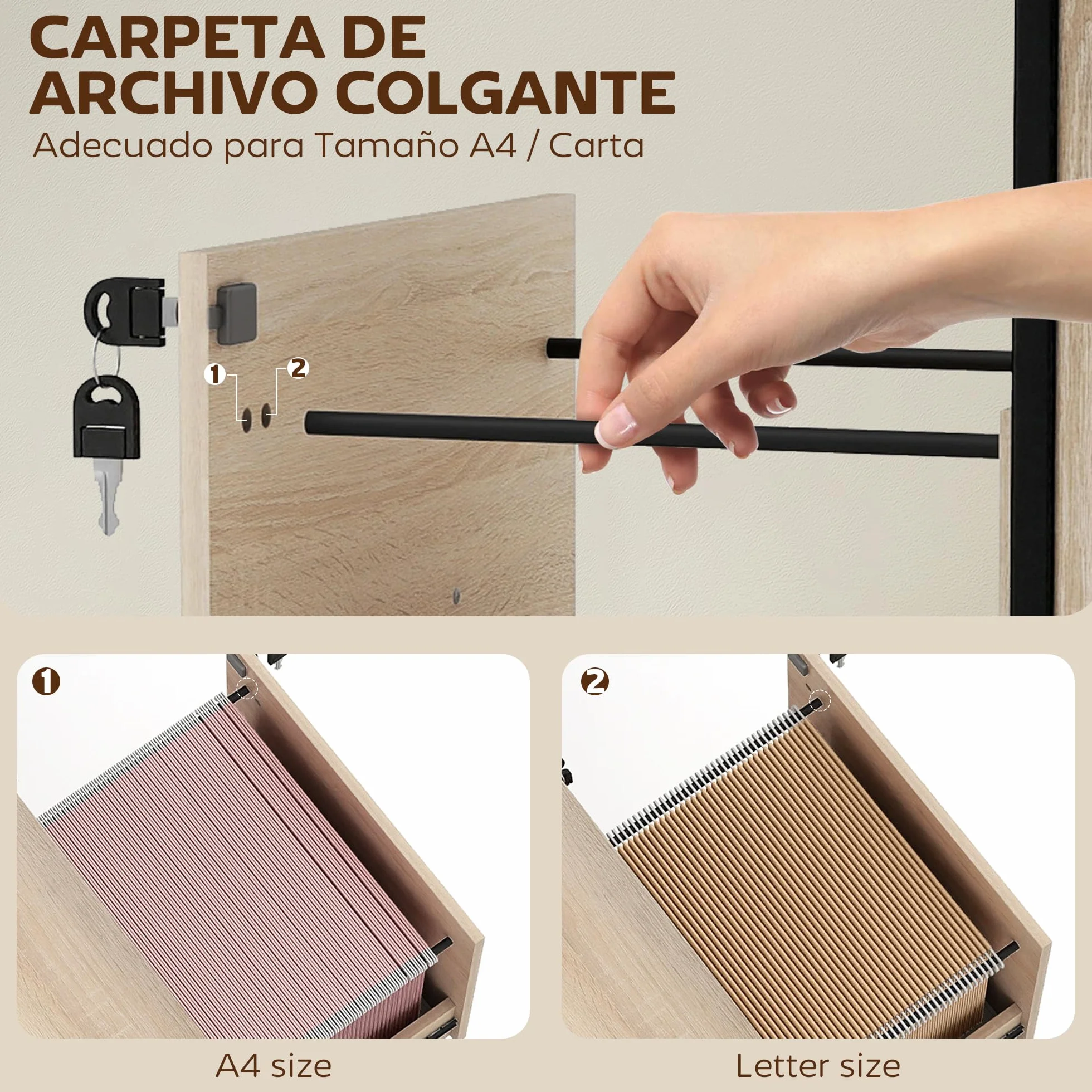 Vinsetto Cajonera Oficina 2 Cajones con Ruedas Barra Colgante Cerradura Llaves A4 Archivador Móvil 44x40x66,5 cm Natural