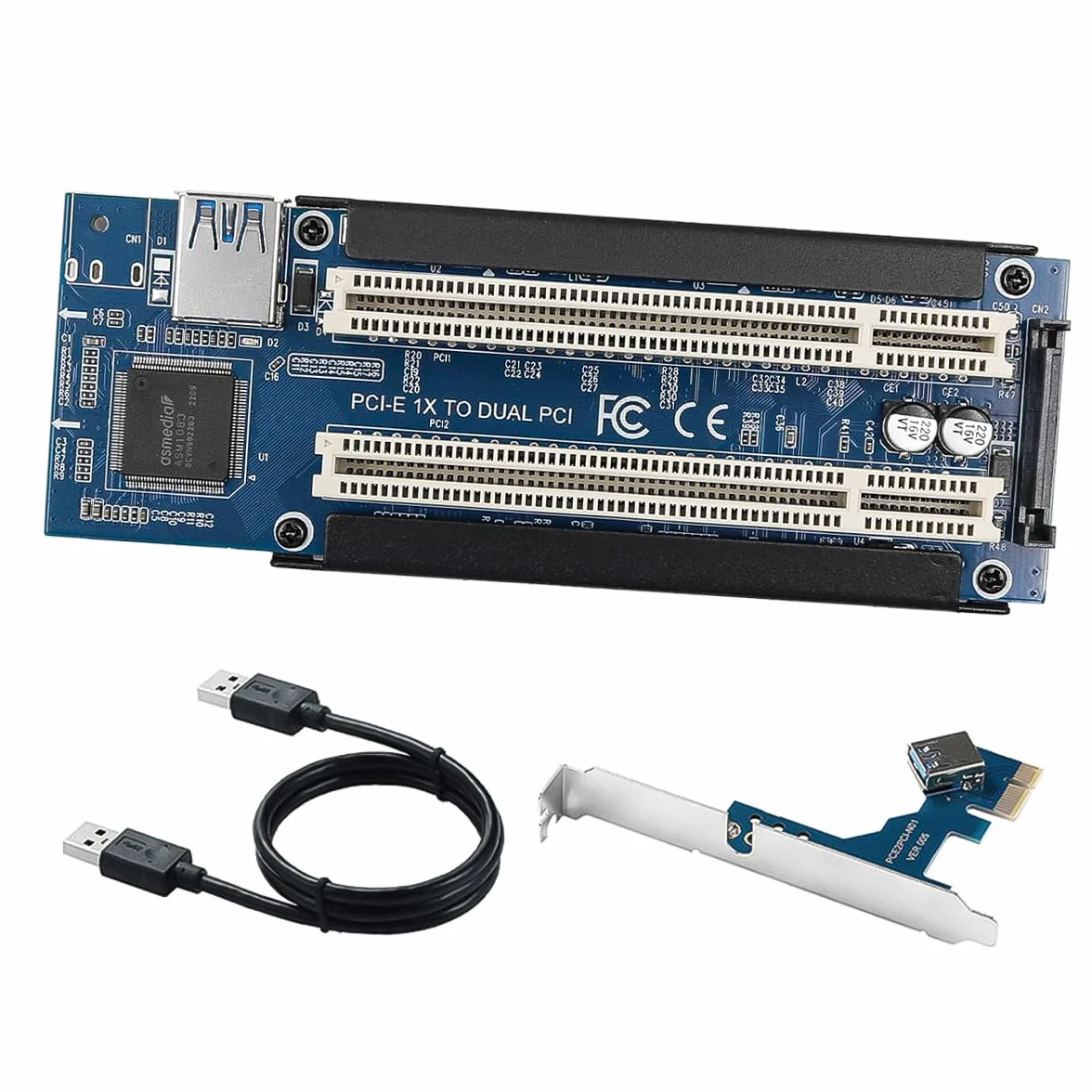 DollaTek Tarjeta adaptadora PCIe a PCI PCI-E Express X1 a Tarjeta extensora PCI Riser Dual con Cable USB3.0 para Tarjeta de Sonido de Escritorio