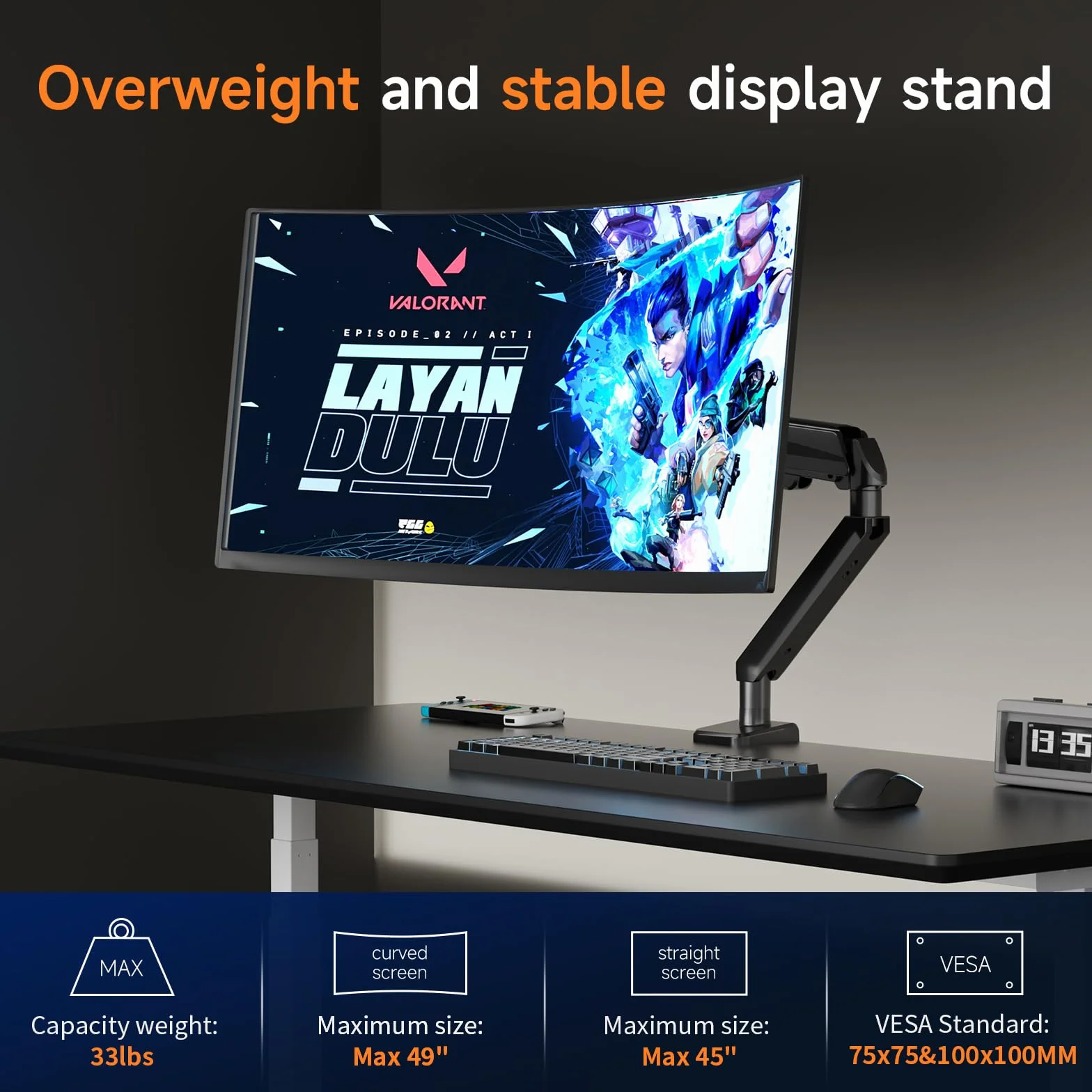 Pholiten Brazo de Monitor Ajustable en Altura para Pantallas Planas y Curvas de 49″, VESA 75x75/100x100, Capacidad de Carga de 15 kg, Ajuste de Resorte de Gas