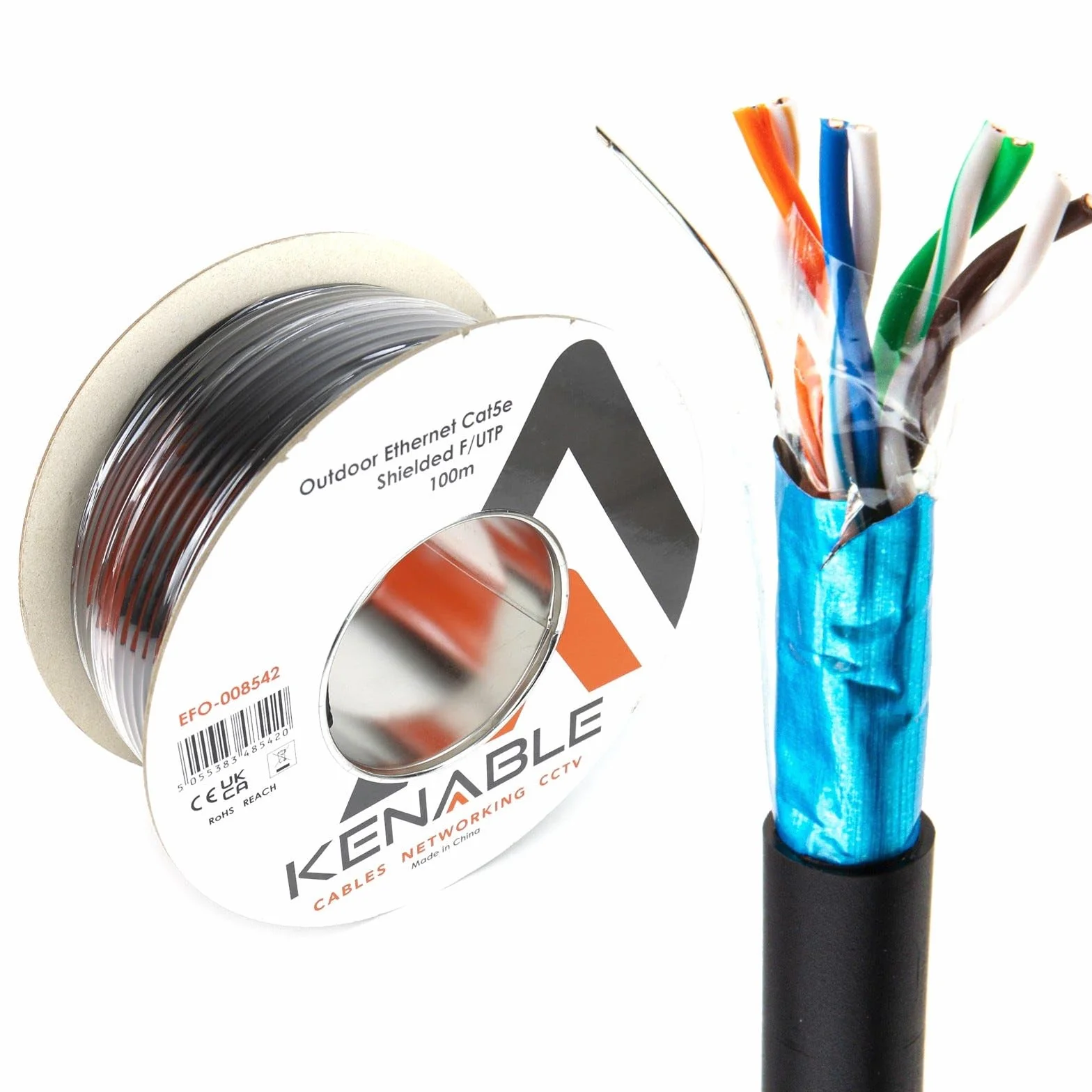 kenable Cable Ethernet Exterior CAT5e Apantallado F/UTP Cobre Puro 24AWG Bobina 100m Resistente UV