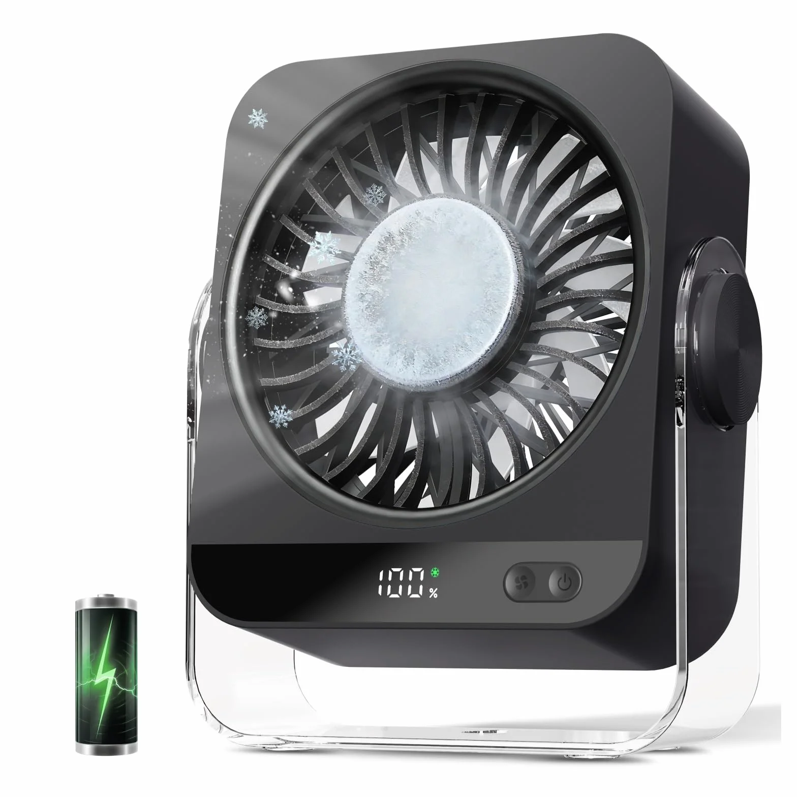 Mini Ventilador Portatil Hielo, 4000mAh Ventilador Recargable USB C, Ventilador Pequeño, Ventilador de Mesa, Ventilador a Pilas Silencioso, para Camping, Oficina, Dormitorio, Viajes al Aire (Negro)