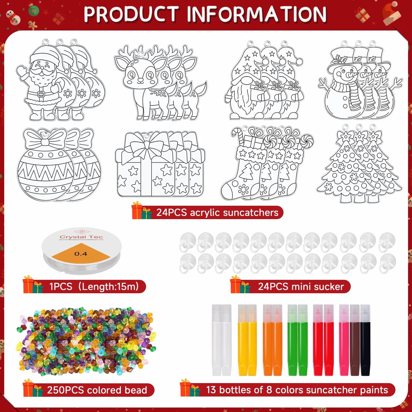 AHIKY Kits Manualidades Navidad para Niños, 24 Piezas Atrapasoles Adorno Navideño Acrílico para Pintar, DIY Ornamentos Navidad Niños, Decoración Colgante Creativa para Ventanas Regalo Artesanal