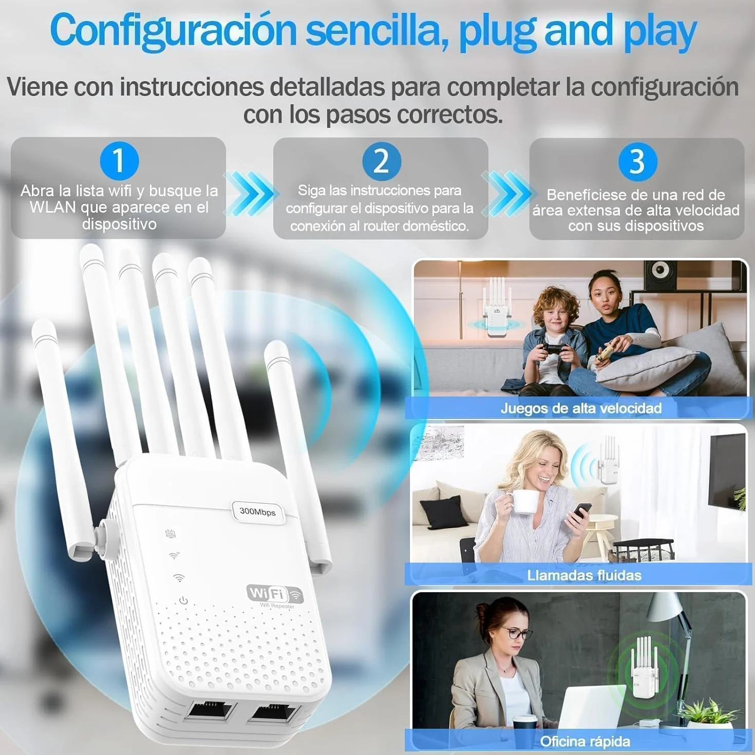 Repetidor WiFi,2026 Potente Amplificador WiFi,Amplificador señal WiFi,Repetidor WiFi Largo Alcance,6 Antenas,2 Puertos LAN,Cobertura de hasta 11800Sq.para Oficinas Y hogares,Fácil Instalación (Small)