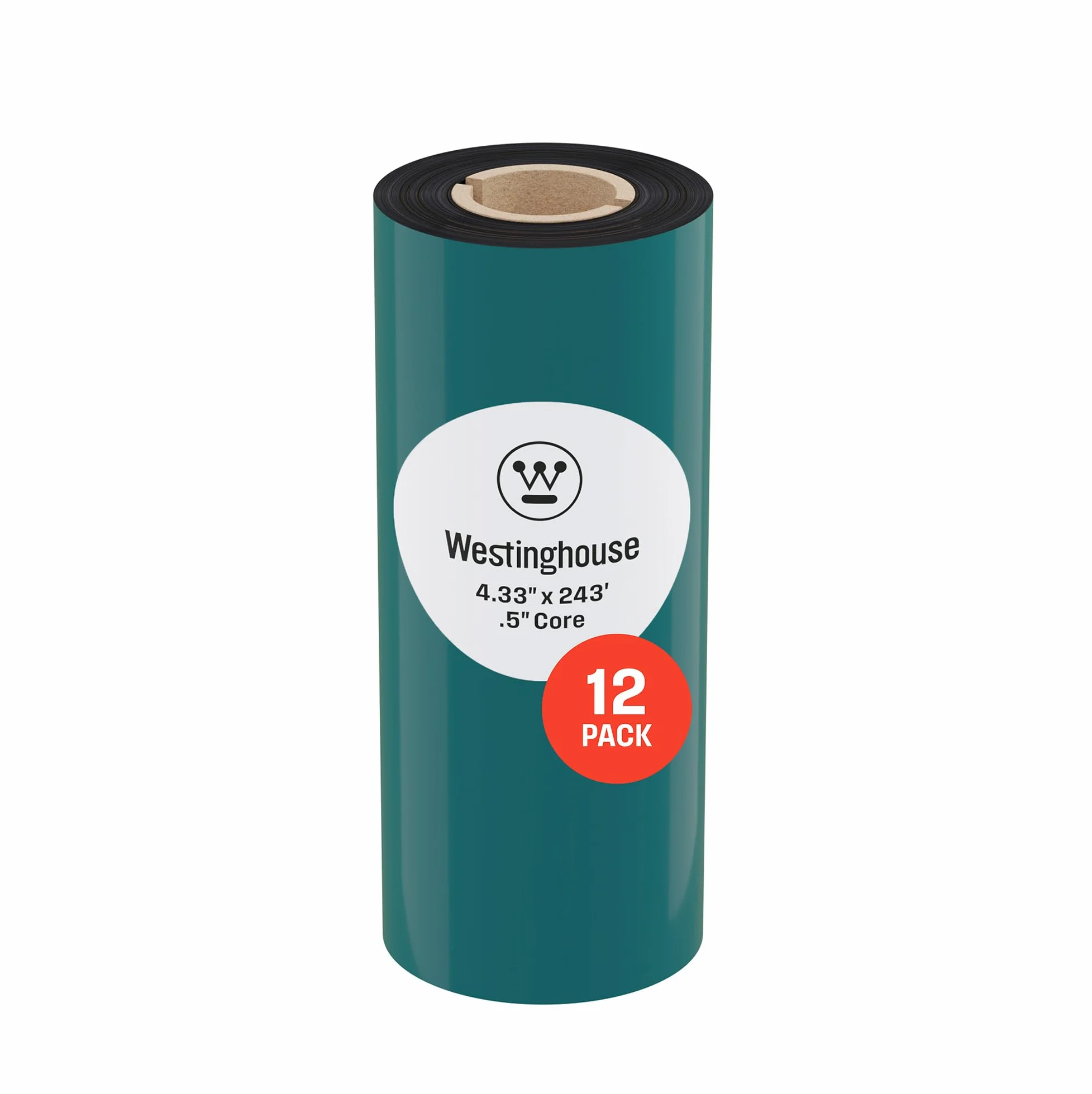 Westinghouse Cinta de transferencia térmica, negra, 12 rollos, núcleo de 0.5 pulgadas, 4.33 pulgadas x 243 pies, cera premium, mejorada con resina, cinta de cera lateral de tinta para impresoras