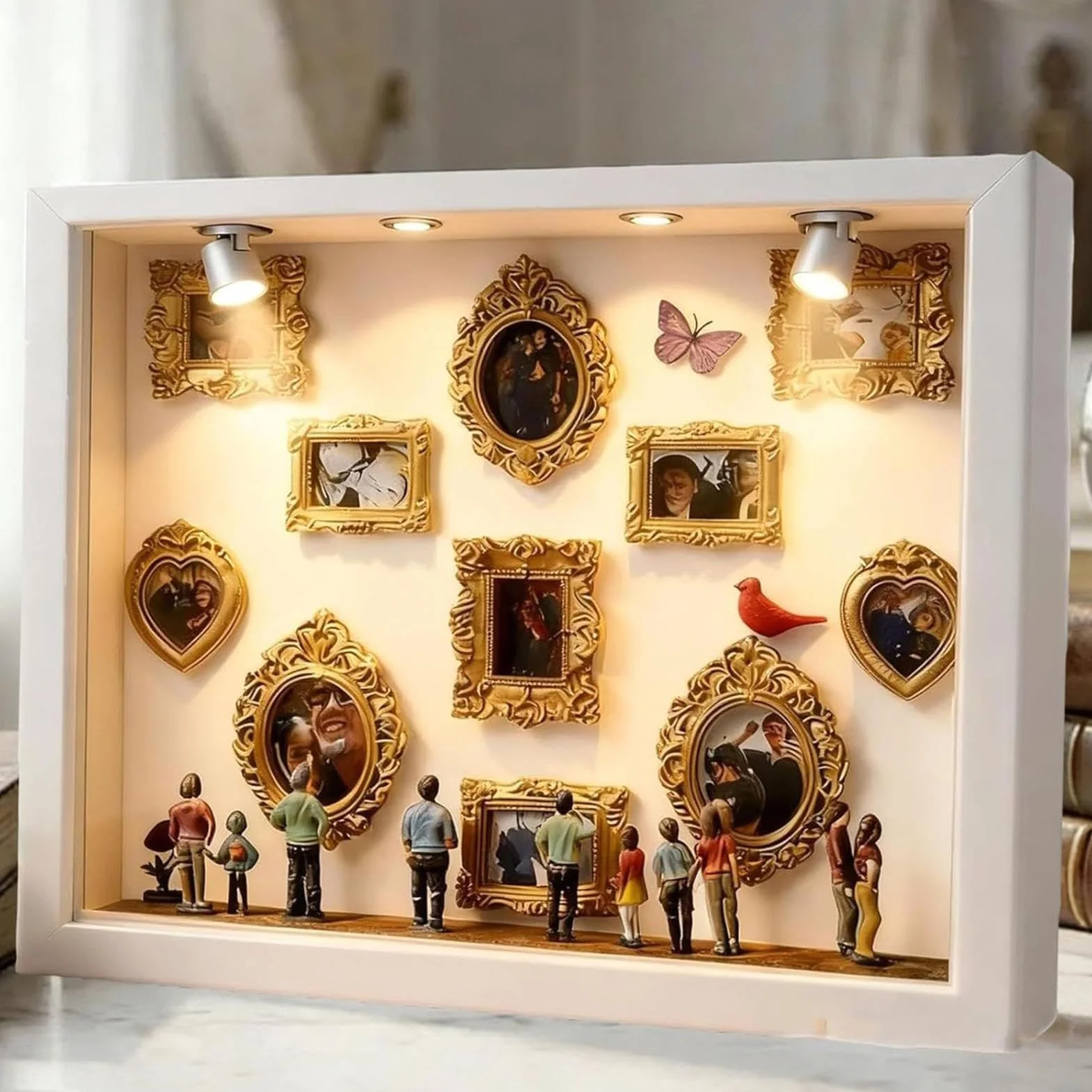 Mini Cajas De Silueta De Museo De Bricolaje, Mini Marco De Fotos De Museo De Escritorio, Con 11 Pequeños Marcos De Fotos Dorados, Luces LED Cálidas Y 8 Estatuas De Figuras,Para Aniversarios,cumpleaños