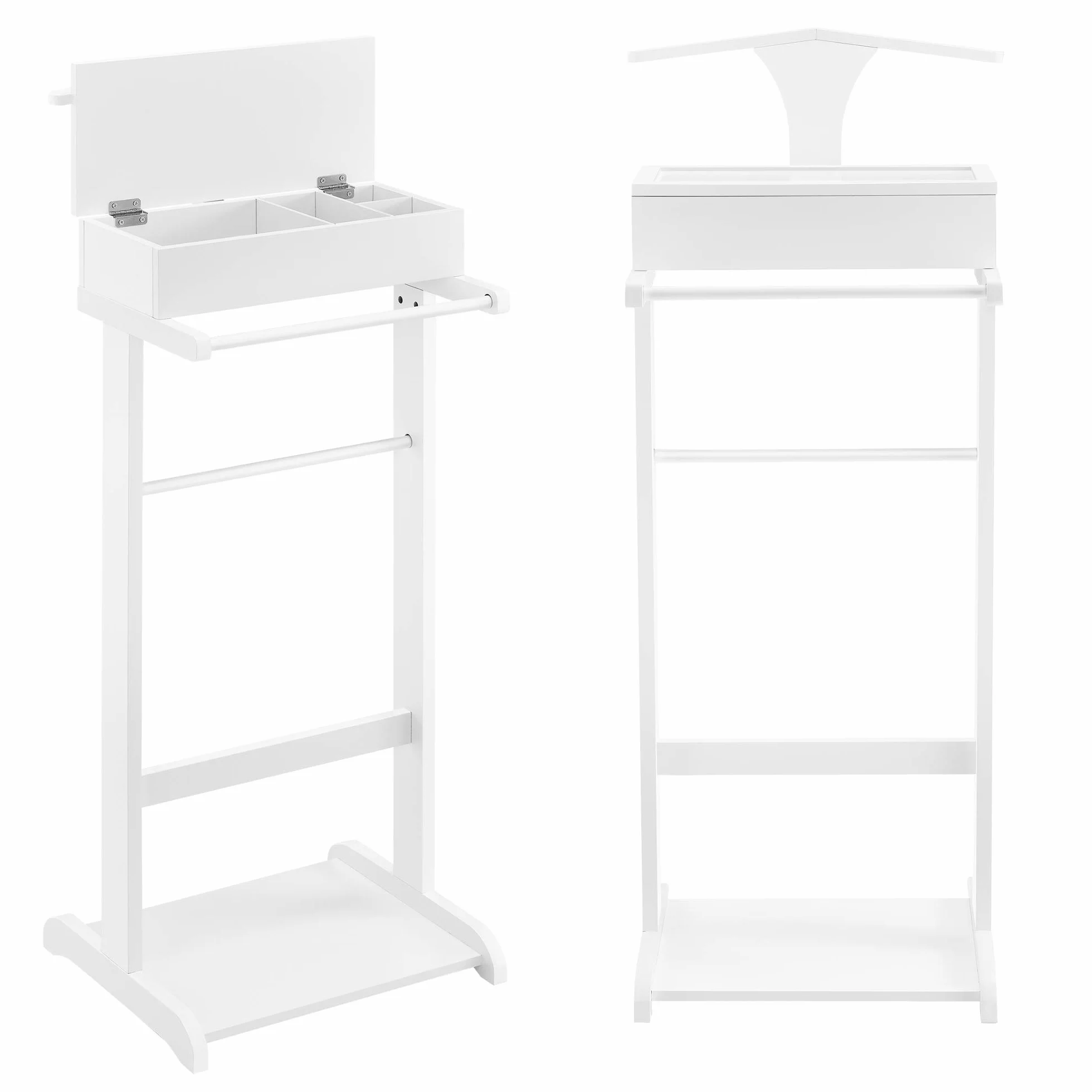 [en.casa] Galán de Noche para Dormitorio Lulboll Organizador Ropa Perchero Barra con Caja y Soporte para Pantalones Estante Inferior para Zapatos MDF/Pino 44x35x110 cm - Blanco