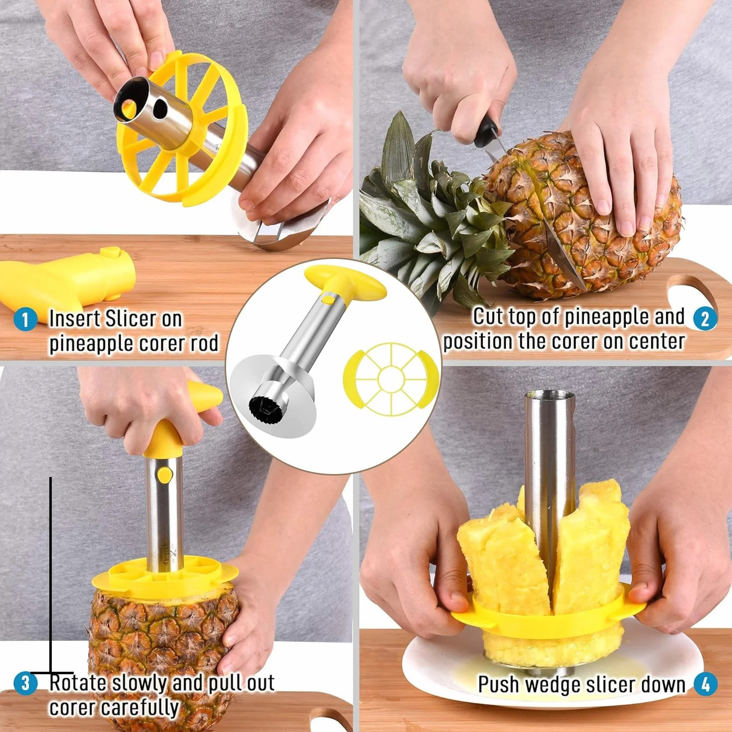 Pelador de Piña Desmontable, Descorazonadora y Rebanadora de Piña, Cortador de Núcleo y Cáscara, 2 Piezas
