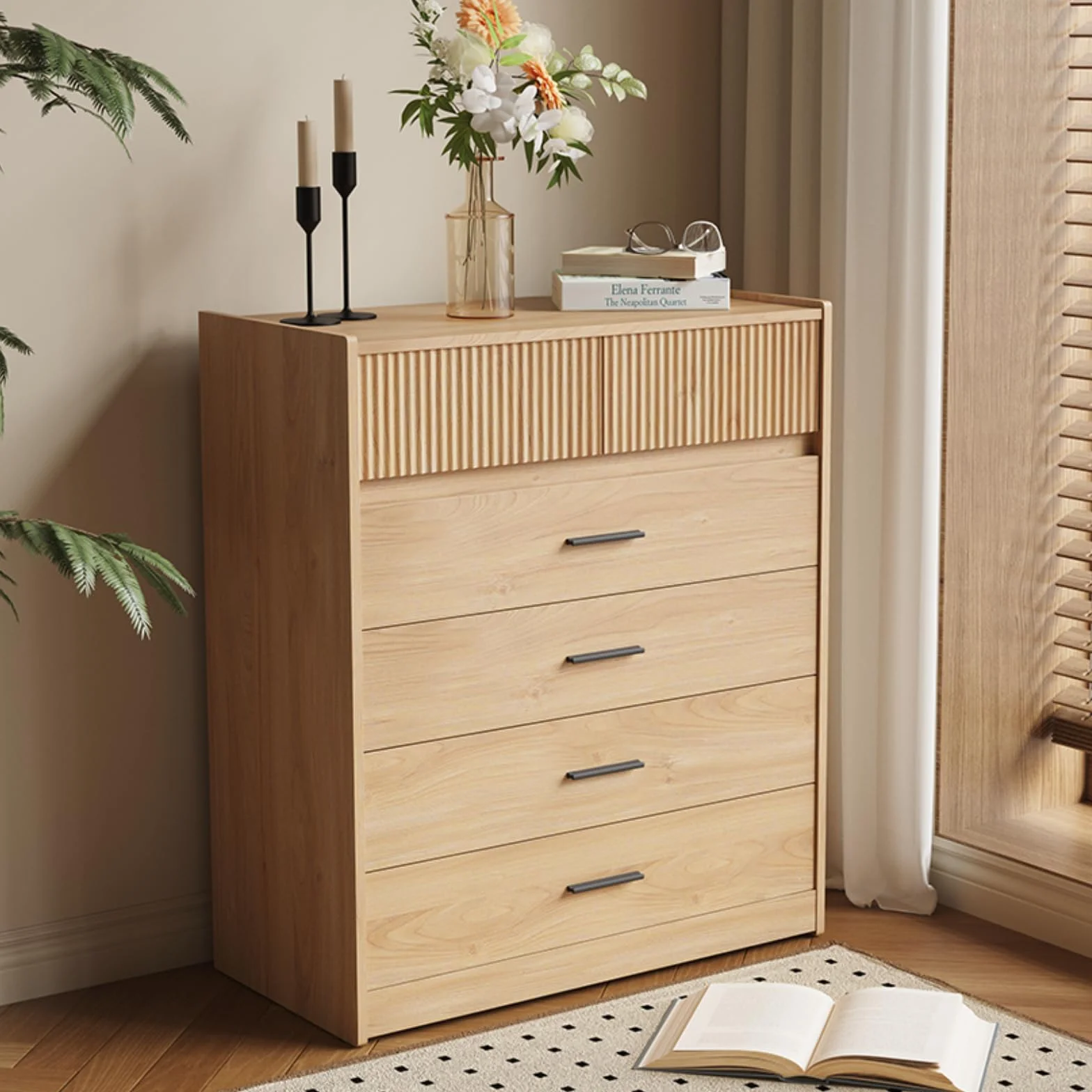 DG1 Cómoda con 6 Cajones, Blanco y Roble, 74x40x90 cm, Tablero de Partículas con Certificación FSC, Diseño Moderno Compacto (Madera Natural)