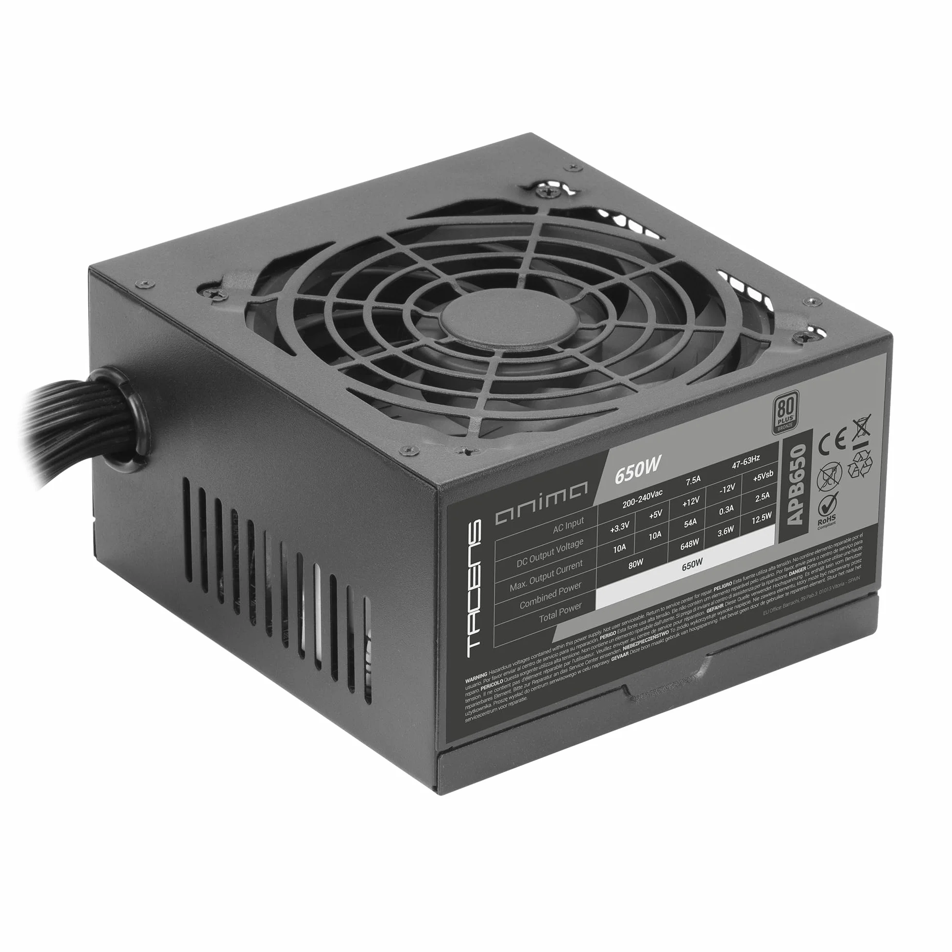 TACENS ANIMA APB650, Fuente Alimentación PC ATX 650W, Certificado 80Plus Bronze, 85% Eficiencia, Tecnologías SMD y DC-DC, Ventilador Ultra-silencioso 12cm, Cables Planos Extralargos, Negro