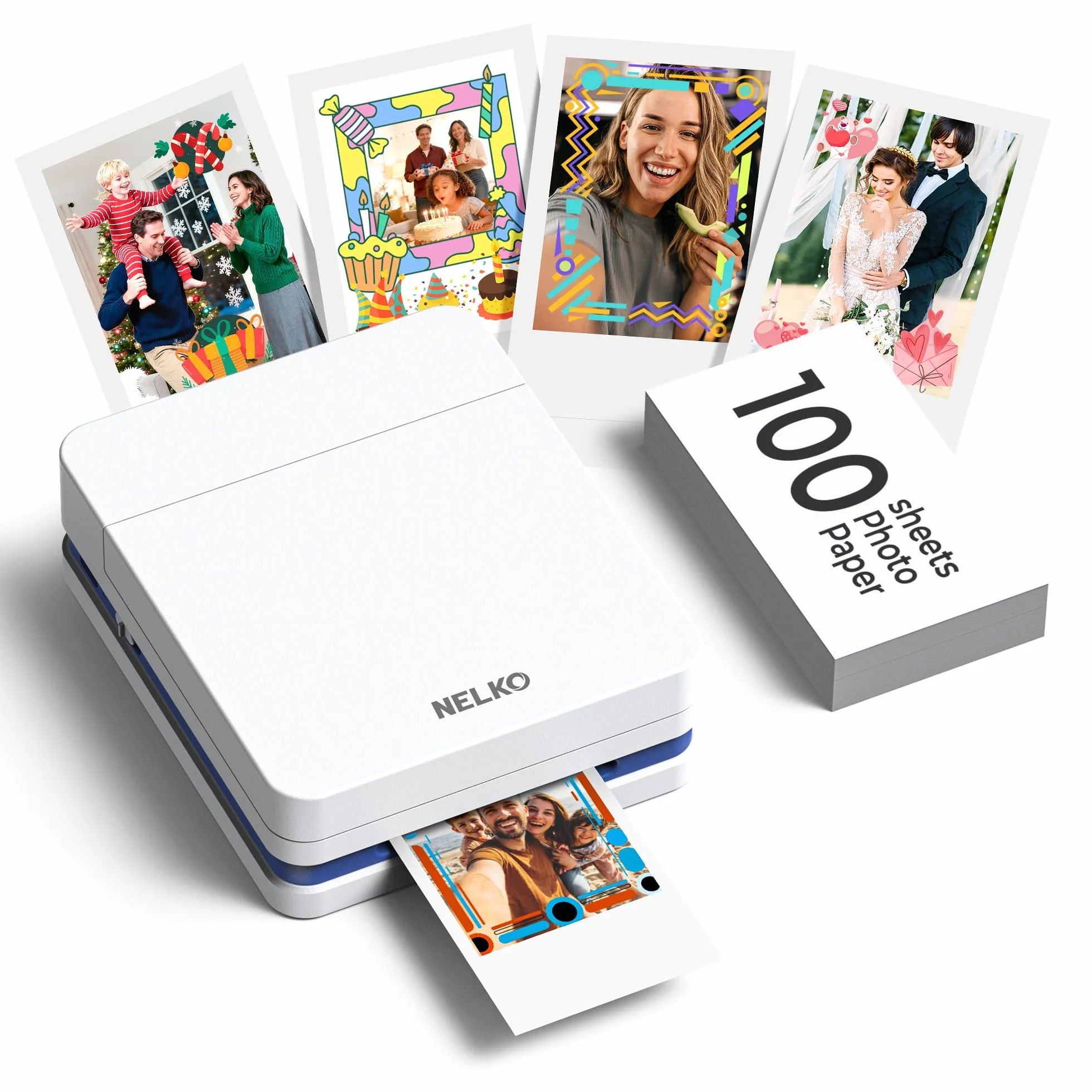Nelko PP01 - Impresora fotográfica portátil con 100 hojas de papel y cartucho de tinta, impresión instantánea de fotos para iOS/Android, mini impresora de tamaño de bolsillo con aplicación de edición