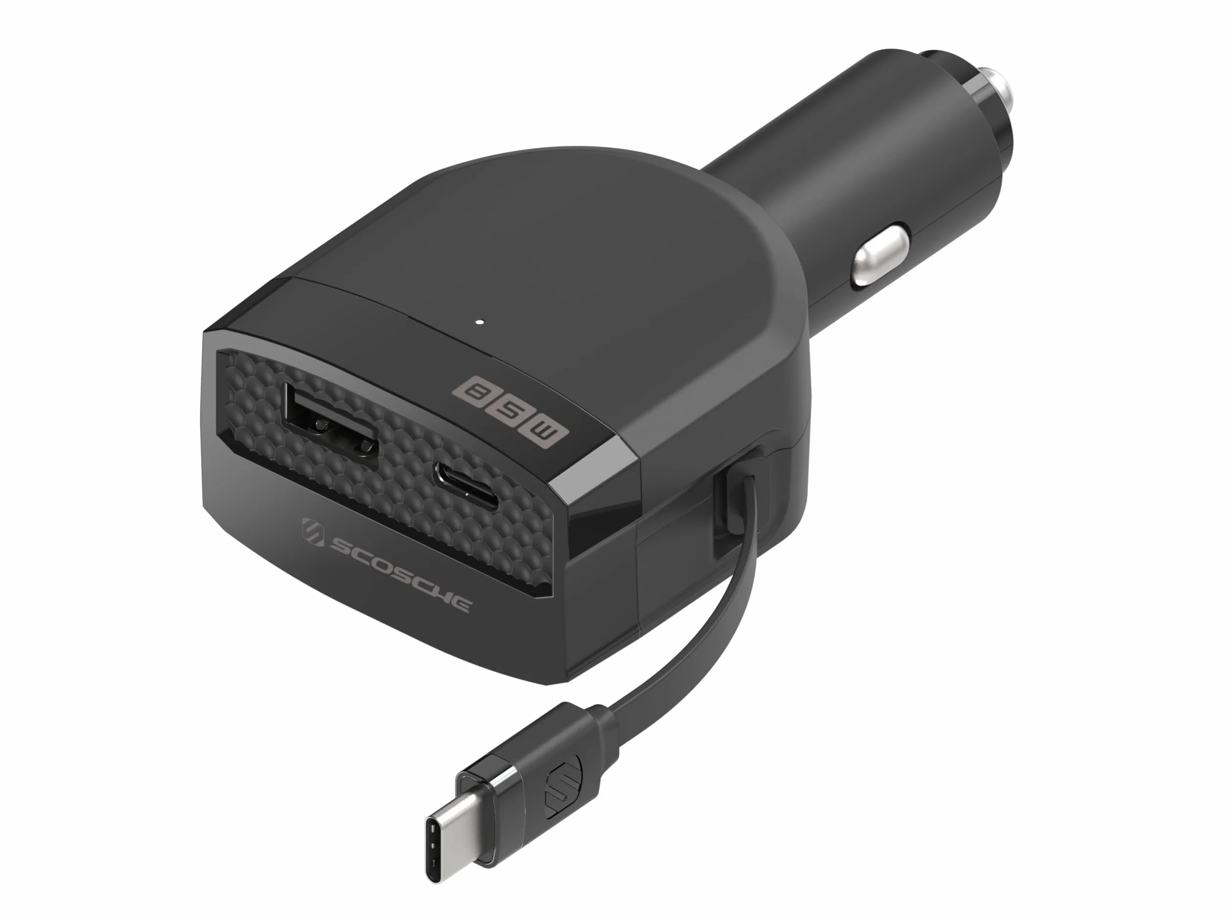 Scosche PowerVolt - Cargador de coche USB-C retráctil de 85 carretes, adaptador de carga rápida de 85 W con cable USB-C integrado de 65 W, puertos USB-C y USB-A adicionales, carga de 3 dispositivos